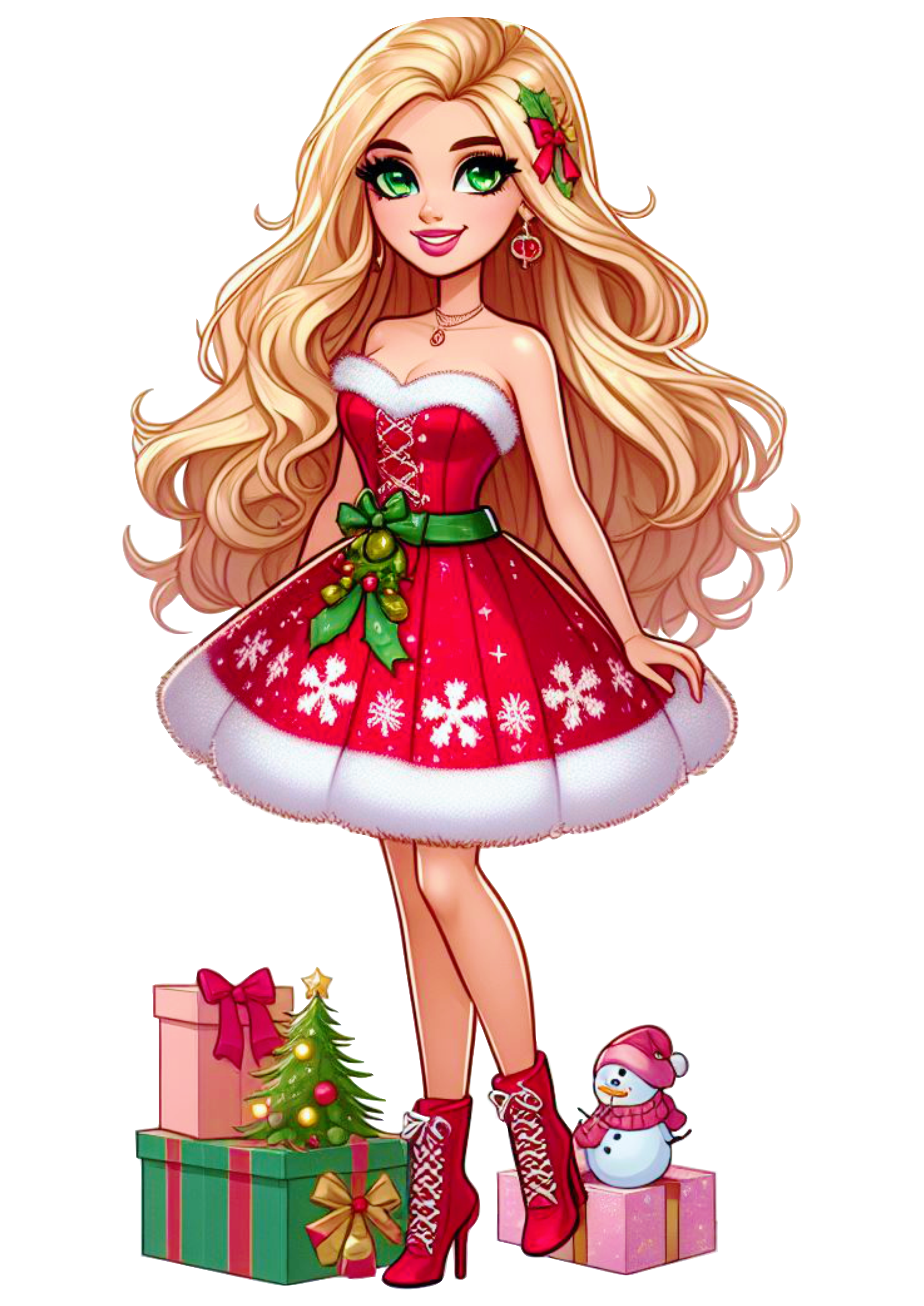 Barbie com vestido de natal fazendo pose de botas fashion boneca adolescente fundo transparente png