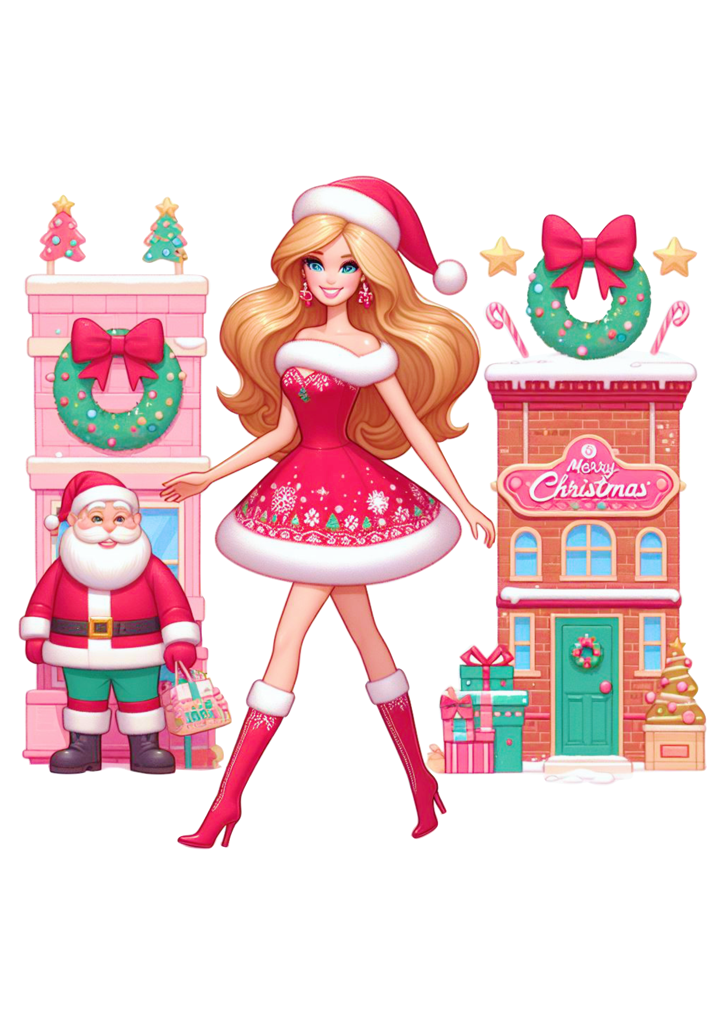 Barbie com vestido de natal fazendo pose de botas fashion boneca decoração fundo transparente png