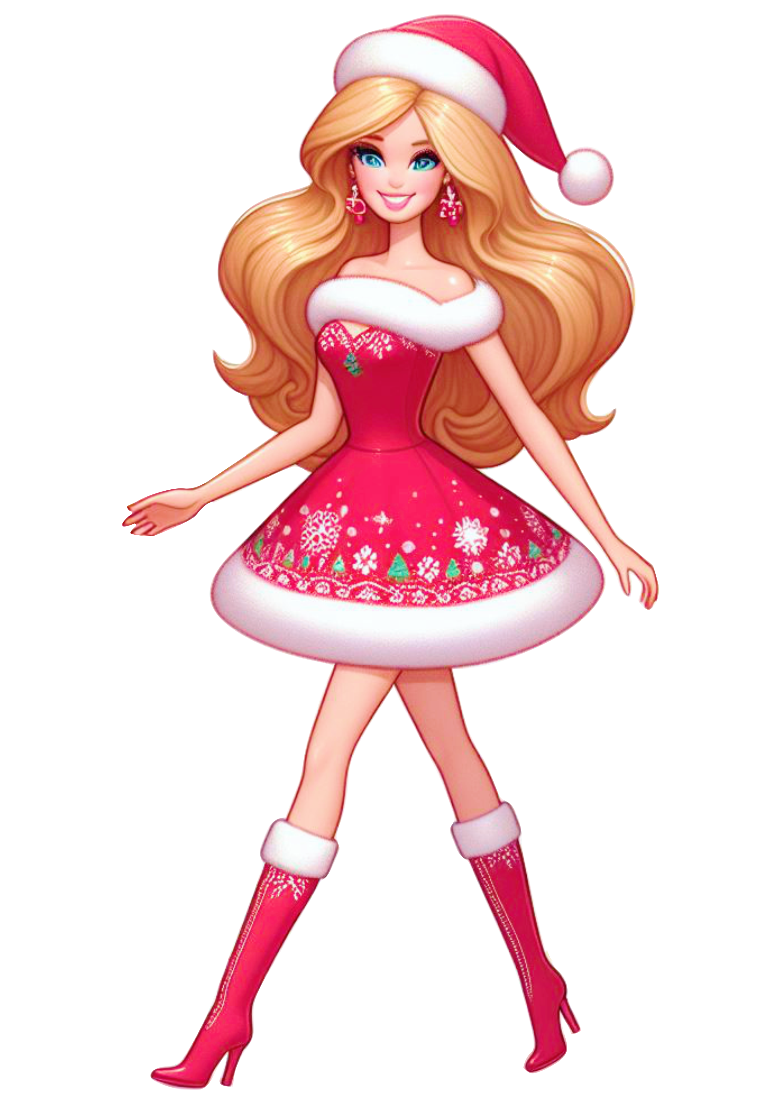 Barbie com vestido de natal fazendo pose de botas fashion boneca decoração animação fundo transparente png