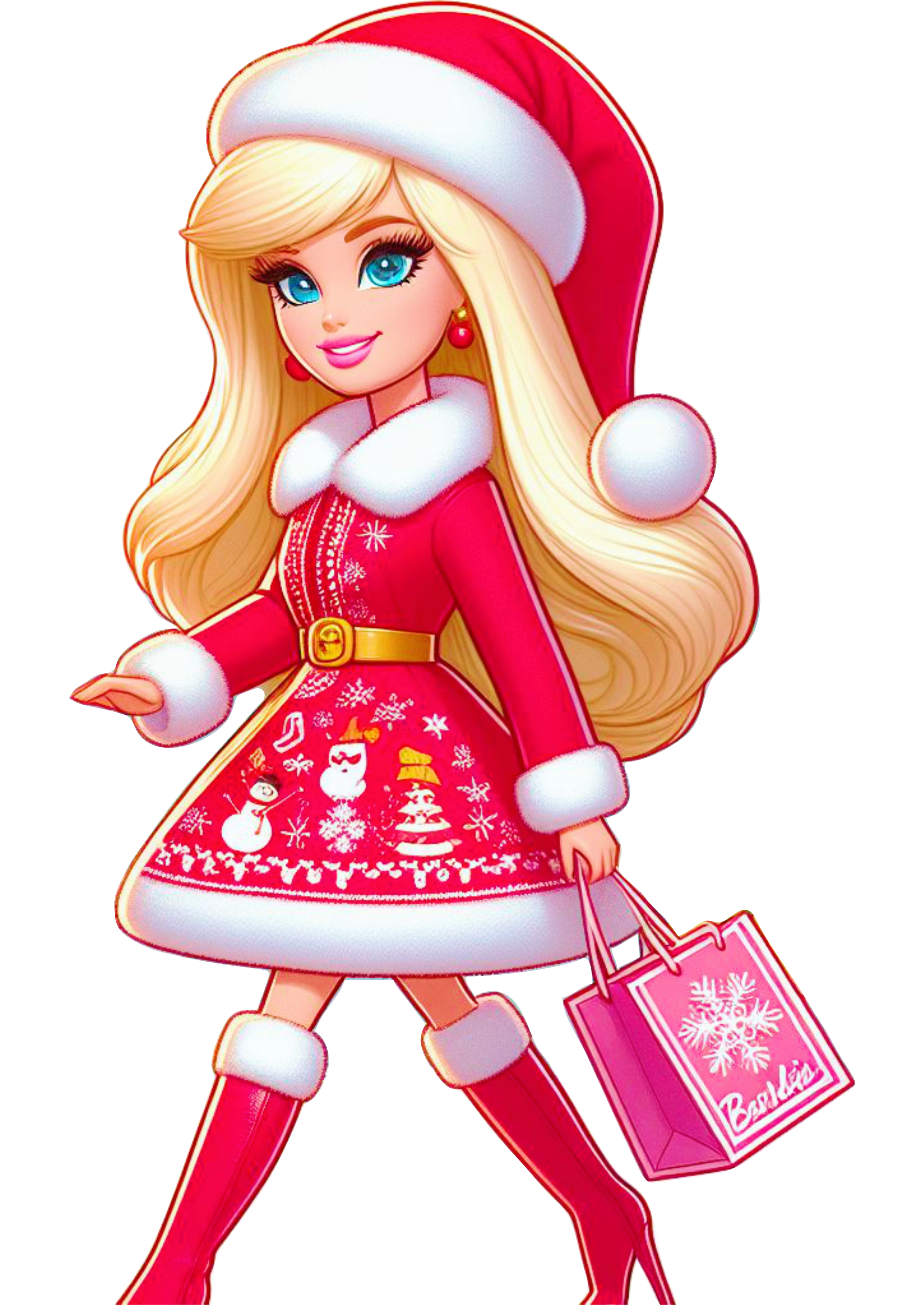 Barbie com vestido de natal fazendo pose de botas fashion boneca decoração animação infantil fundo transparente png
