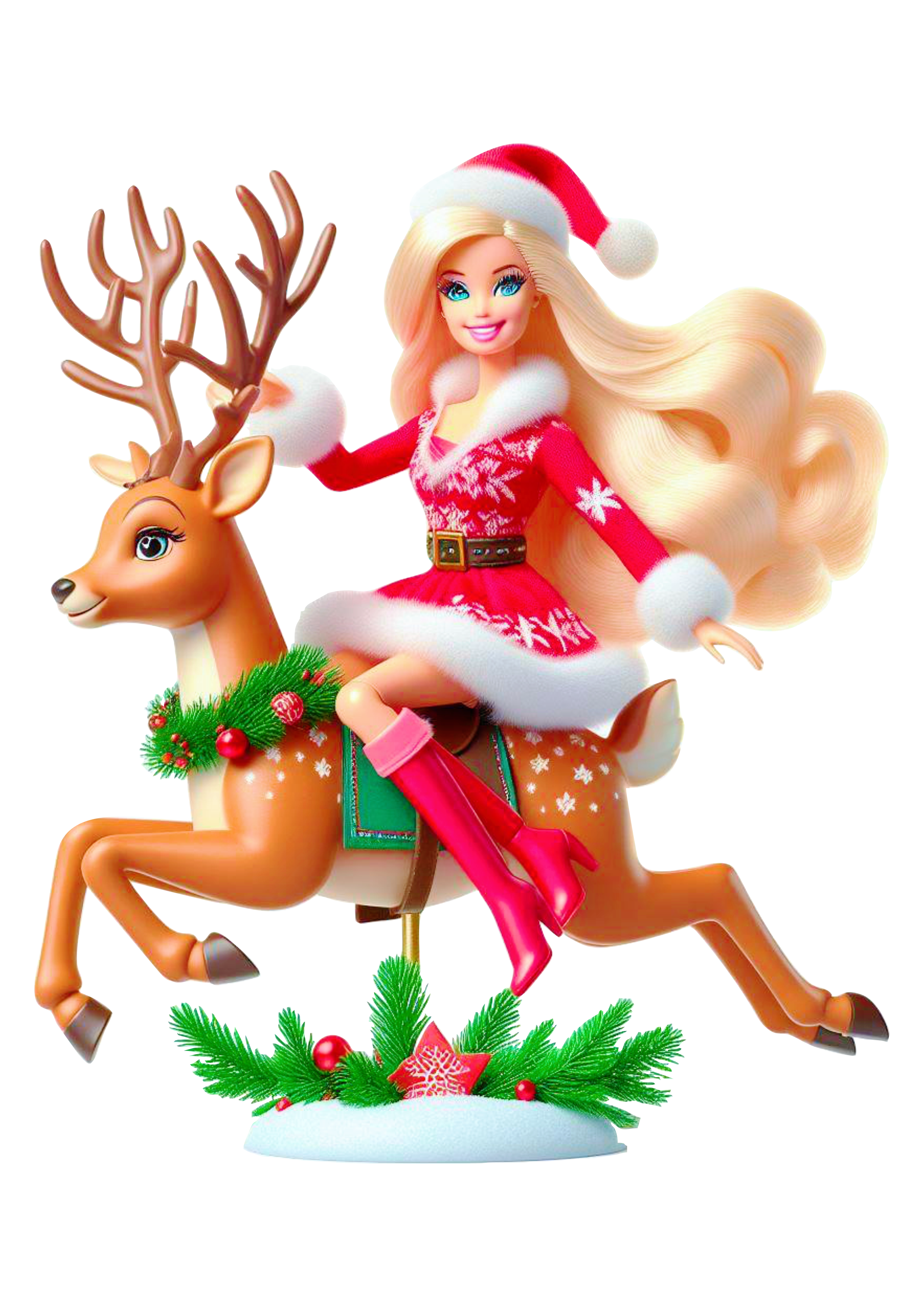 Barbie com vestido de natal fazendo pose de botas fashion boneca sentada em uma rena fundo transparente png