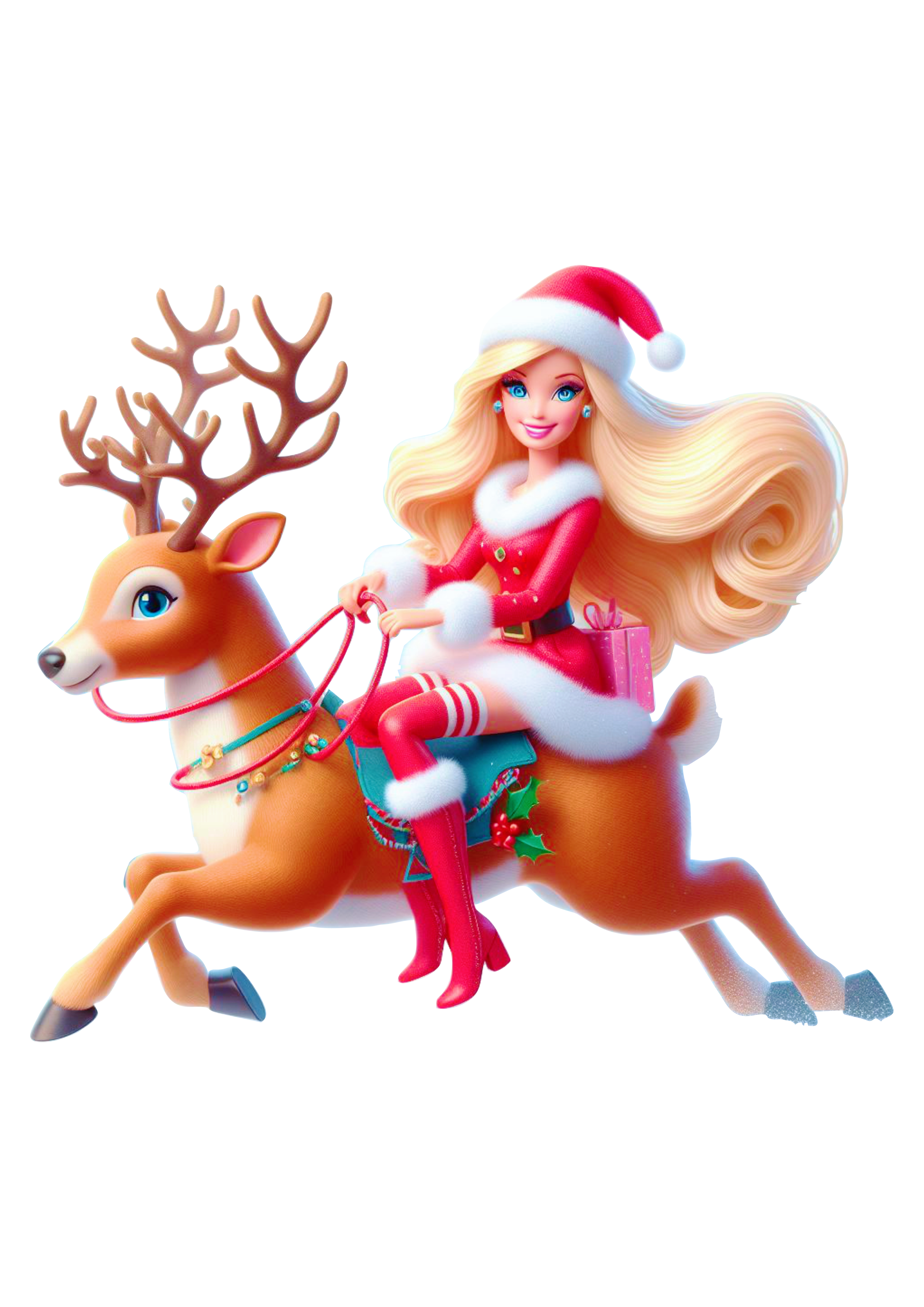 Barbie de natal boneca sentada em uma rena ilustração animação fundo transparente png