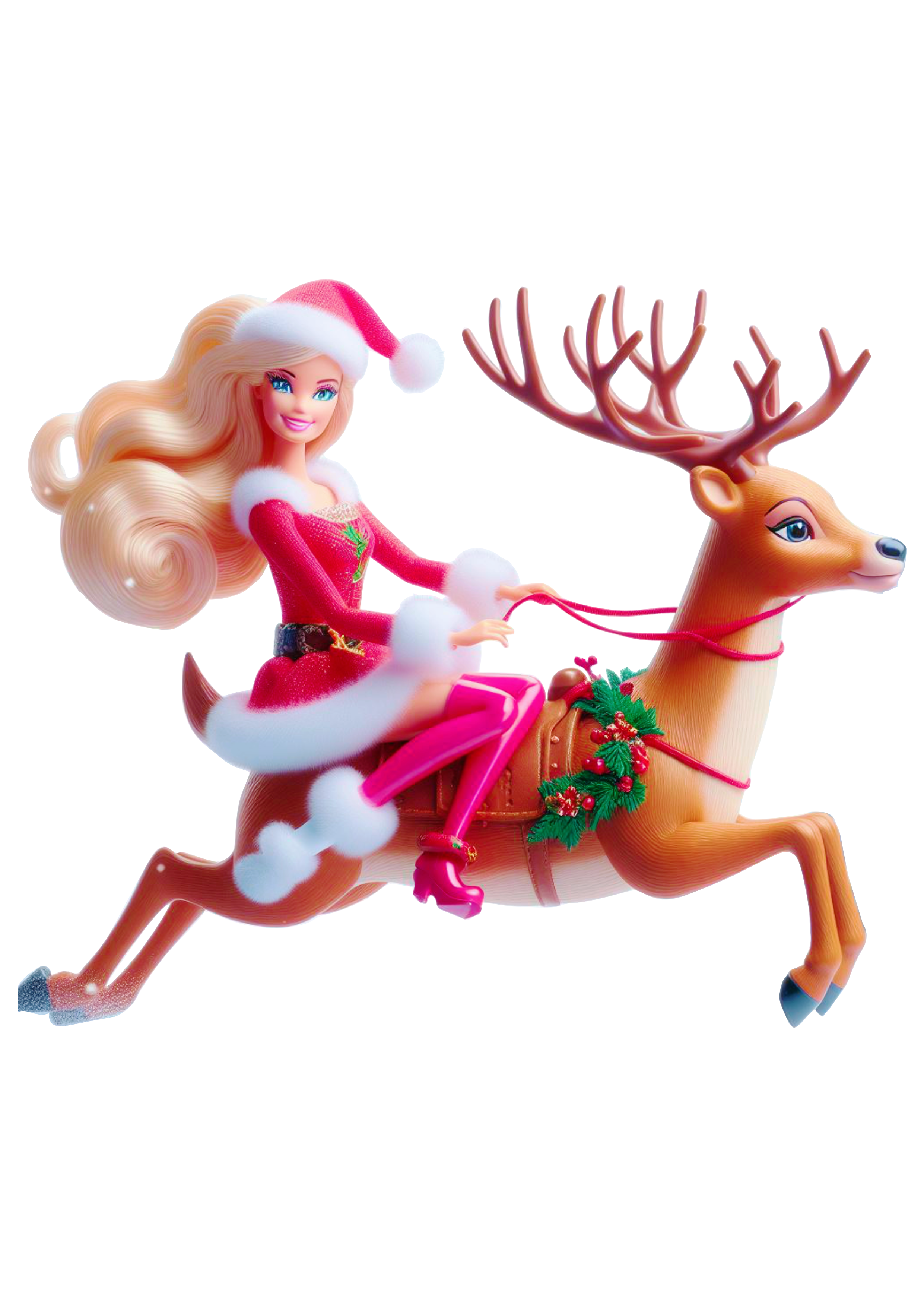 Barbie de natal boneca sentada em uma rena ilustração desenho infantil brinquedo fundo transparente png