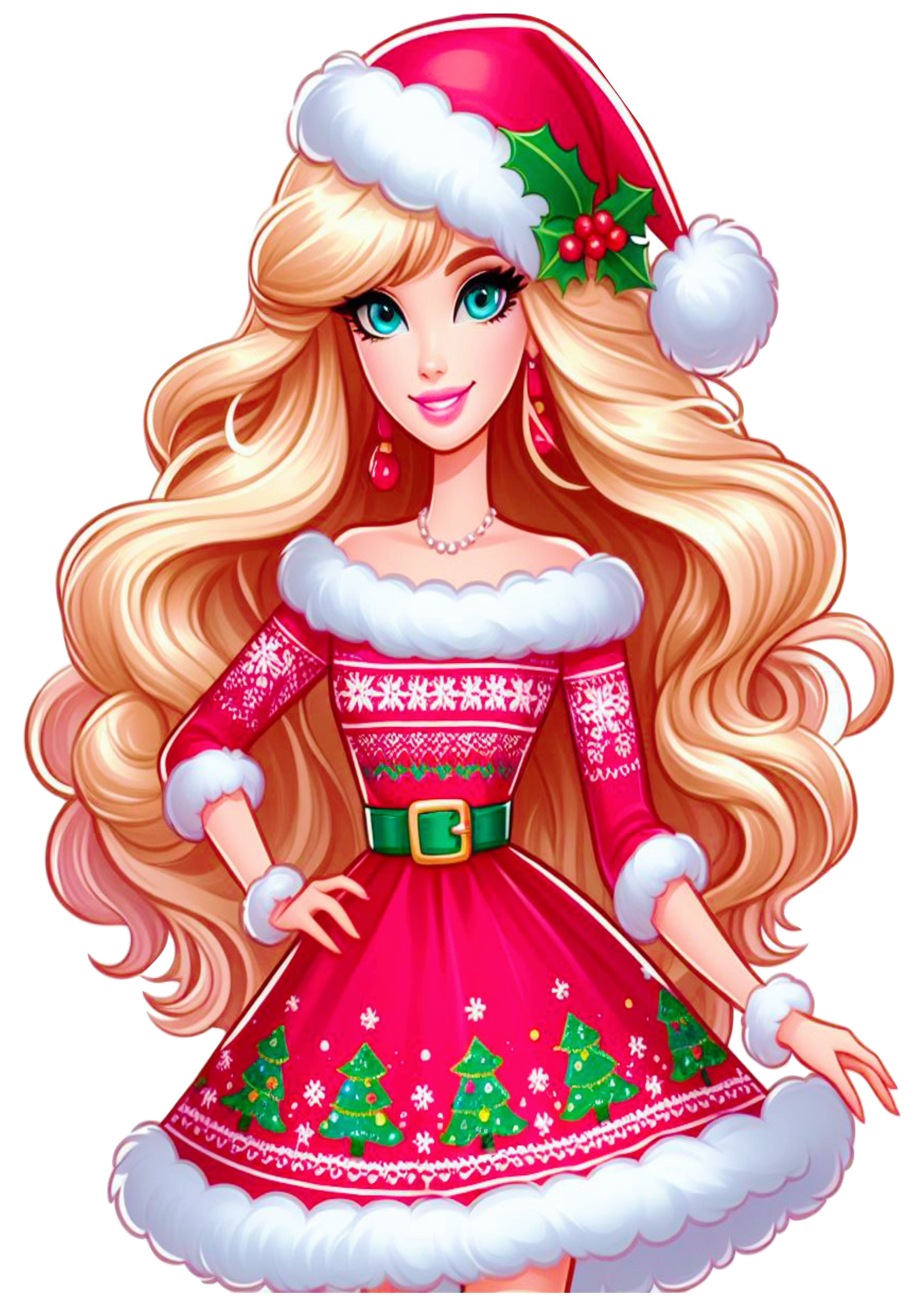 Barbie com roupa de natal boneca brinquedo de menina com gorro do papai noel e joias bonitas animação png