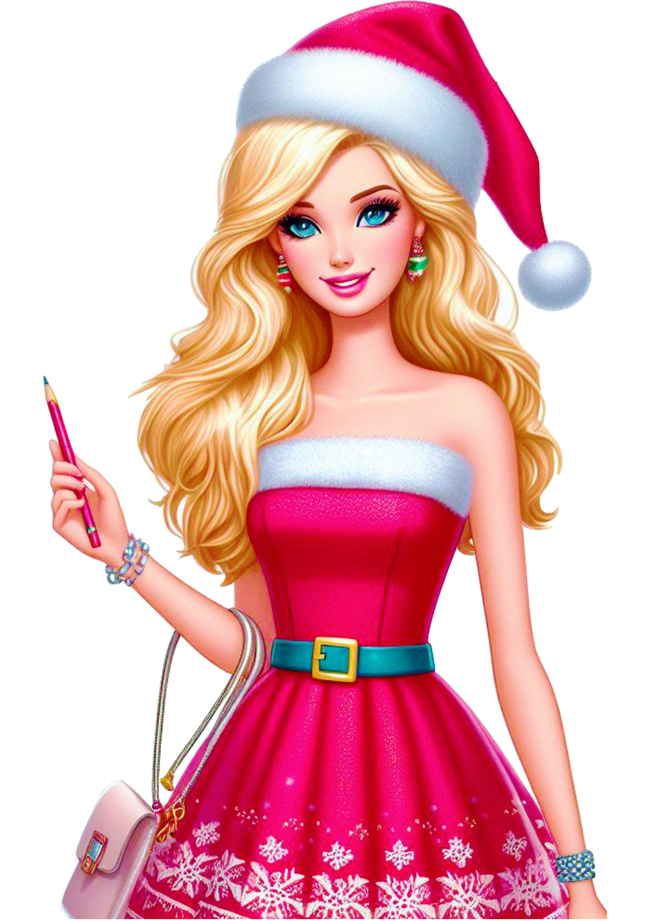 Barbie com roupa de natal boneca brinquedo de menina com gorro do papai noel segurando um lápis png