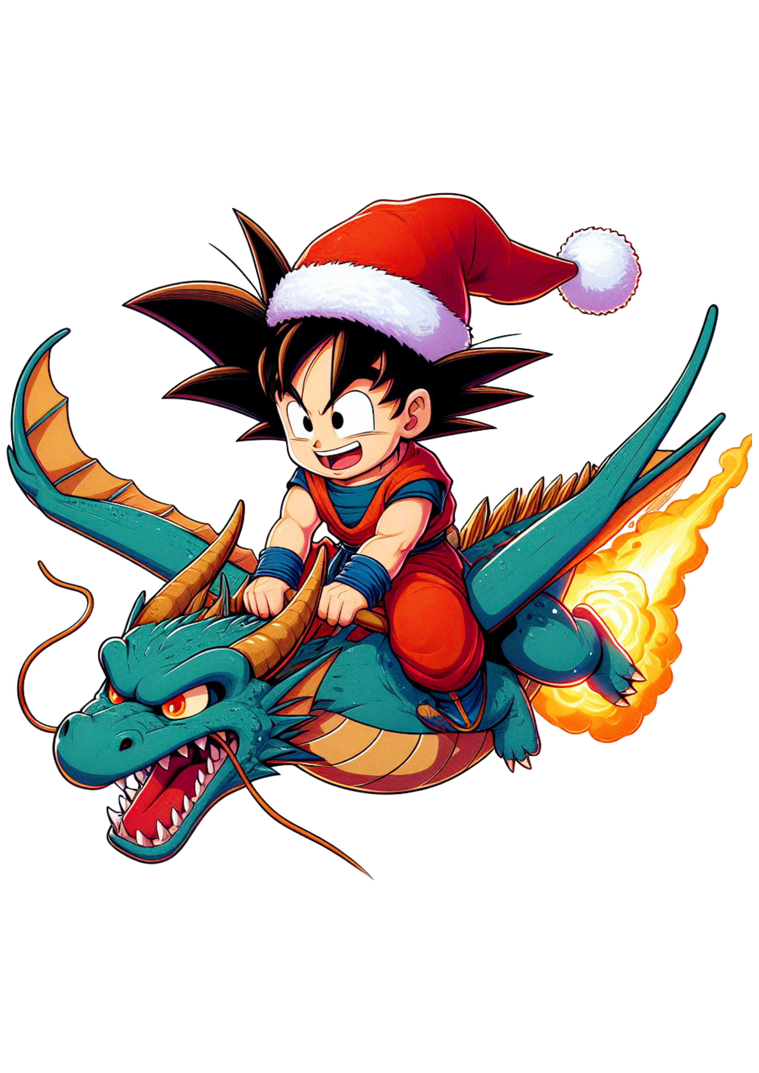 Dragon ball Z Goku pequeno com roupa de Papai Noel voando com dragão desenho png