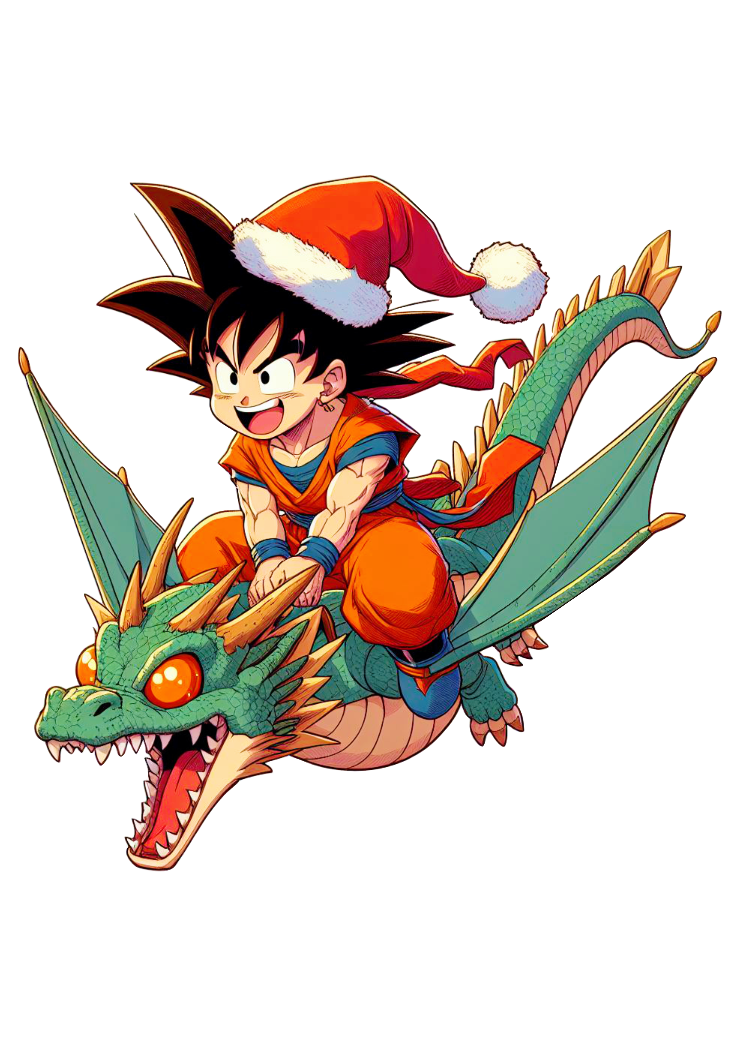 Dragon ball Z Goku pequeno com roupa de Papai Noel voando com dragão desenho infantil png