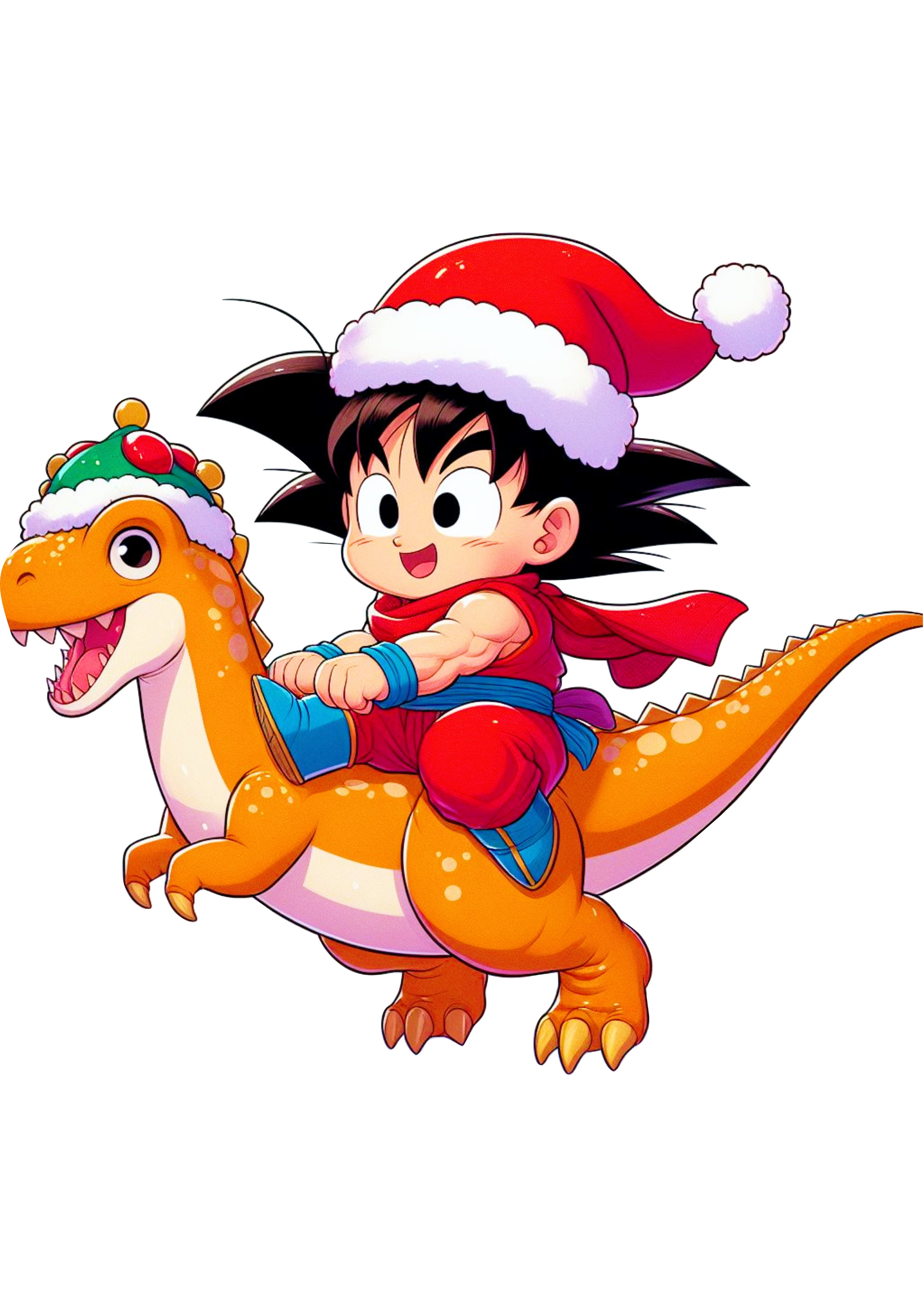 Dragon ball Z Goku pequeno com roupa de Papai Noel montado em um dinossauro png