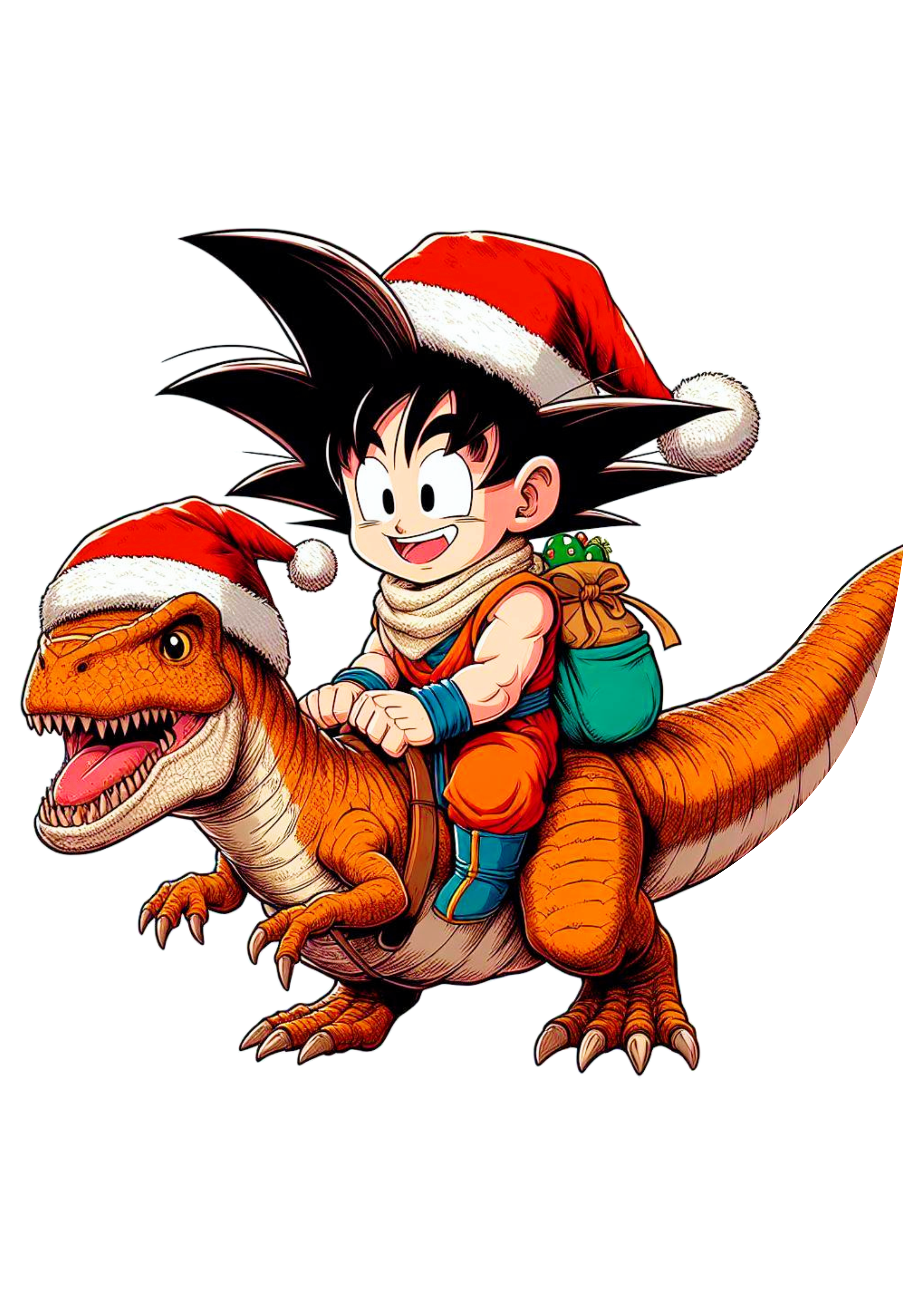 Dragon ball Z Goku pequeno com roupa de Papai Noel montado em um dinossauro desenho png