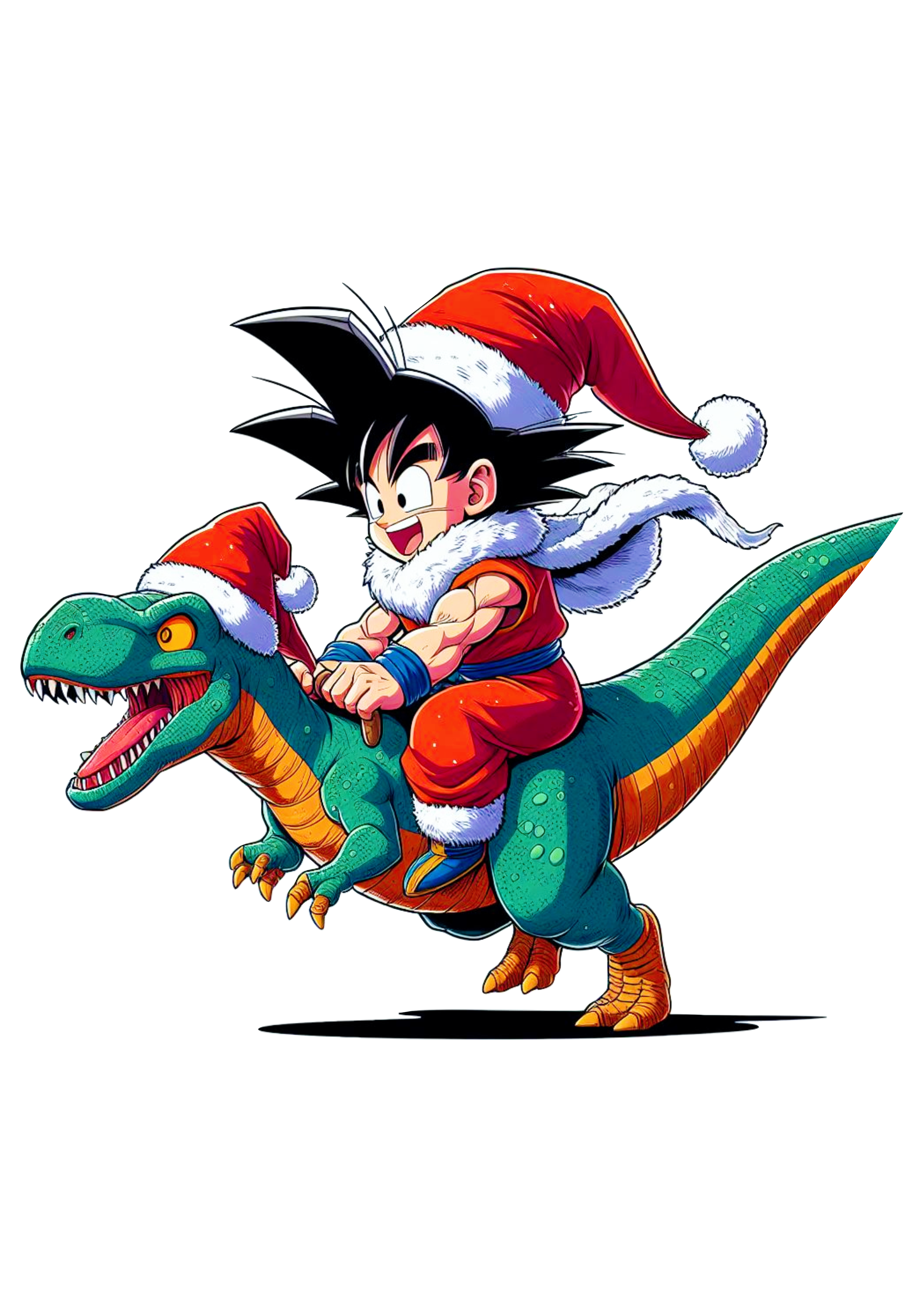 Dragon ball Z Goku pequeno com roupa de Papai Noel montado em um dinossauro desenho infantil png