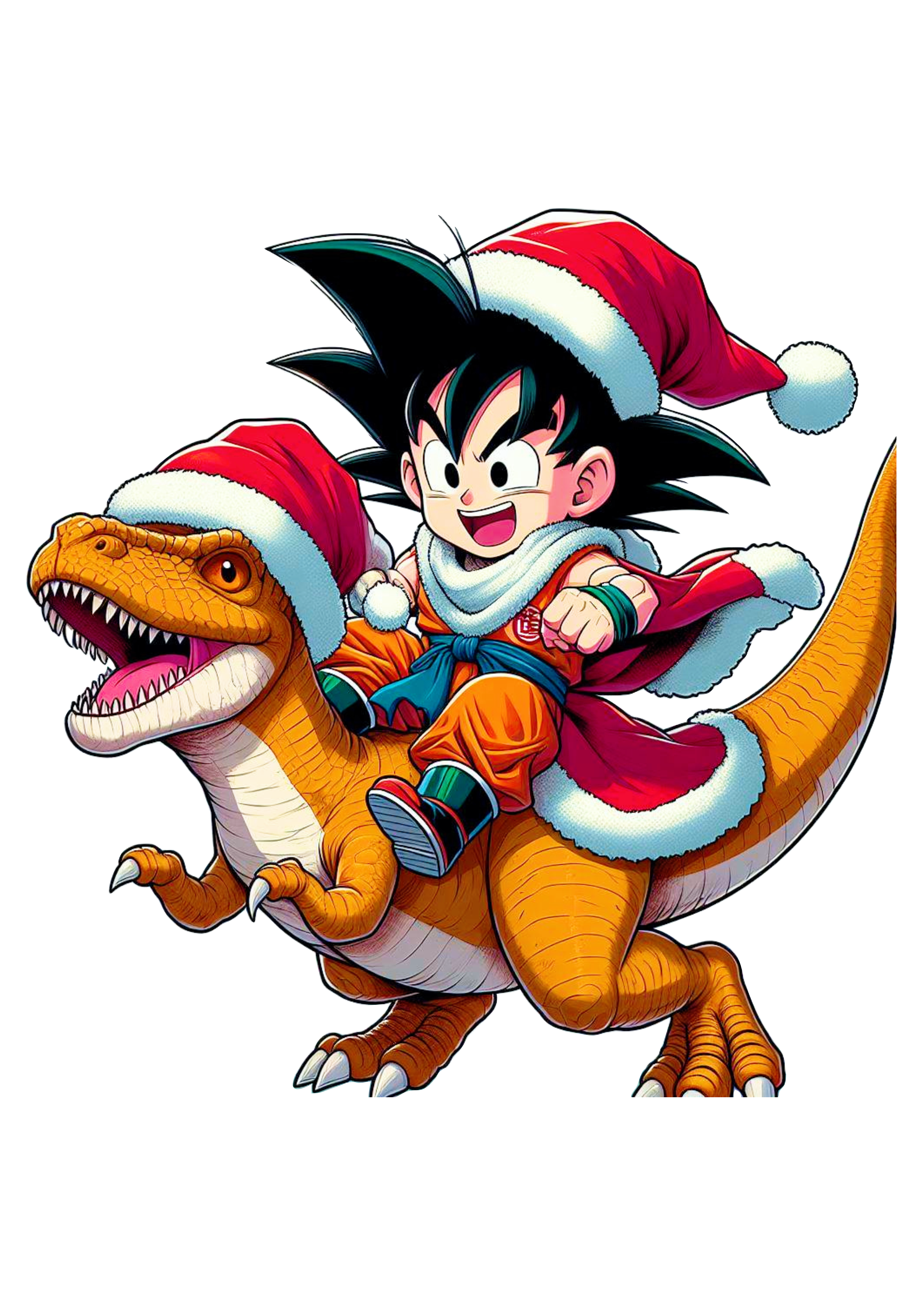 Dragon ball Z Goku pequeno com roupa de Papai Noel montado em um dinossauro desenho infantil fundo transparente png