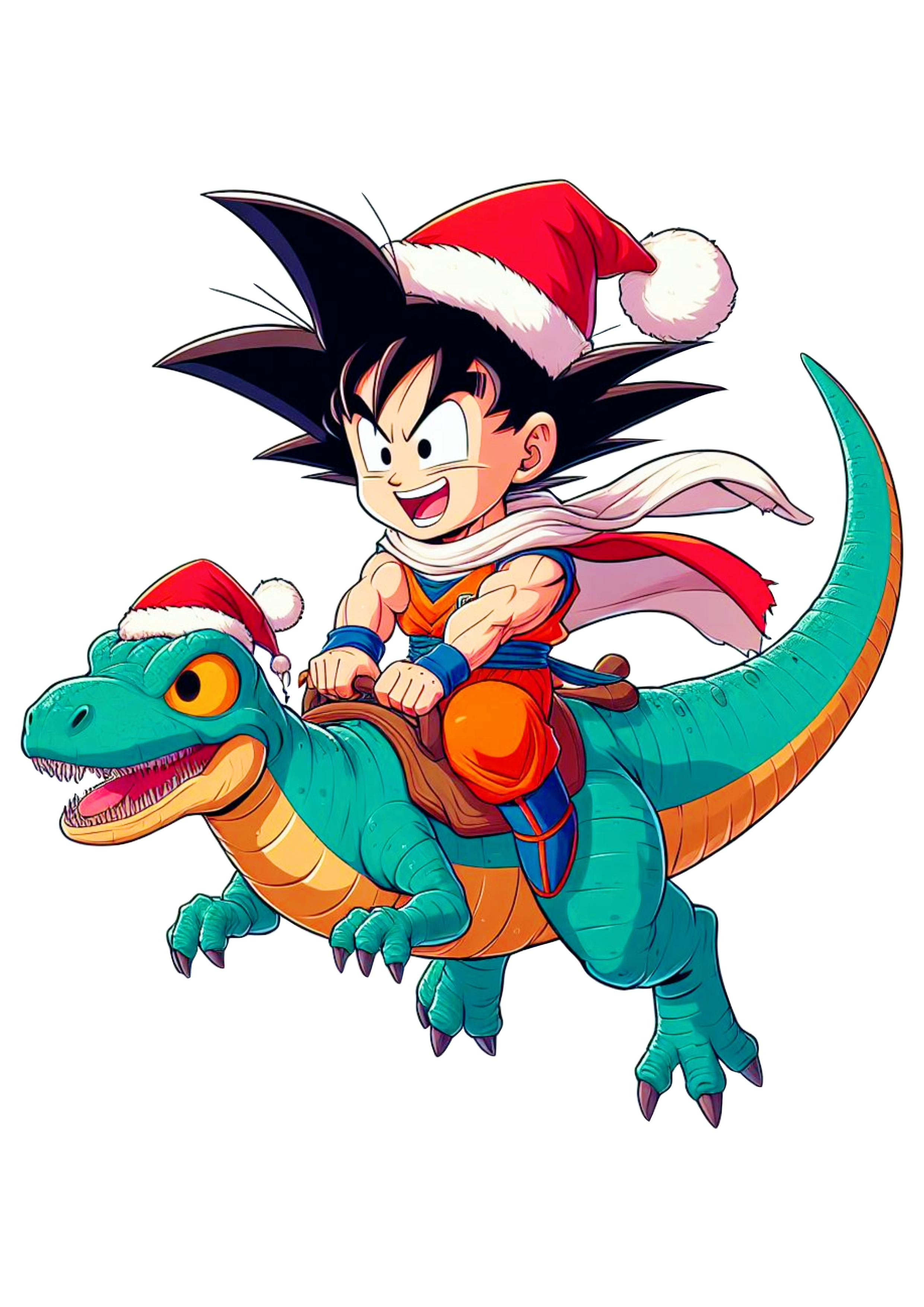 Dragon ball Z Goku pequeno com roupa de Papai Noel montado em um dinossauro desenho infantil ilustração fundo transparente png