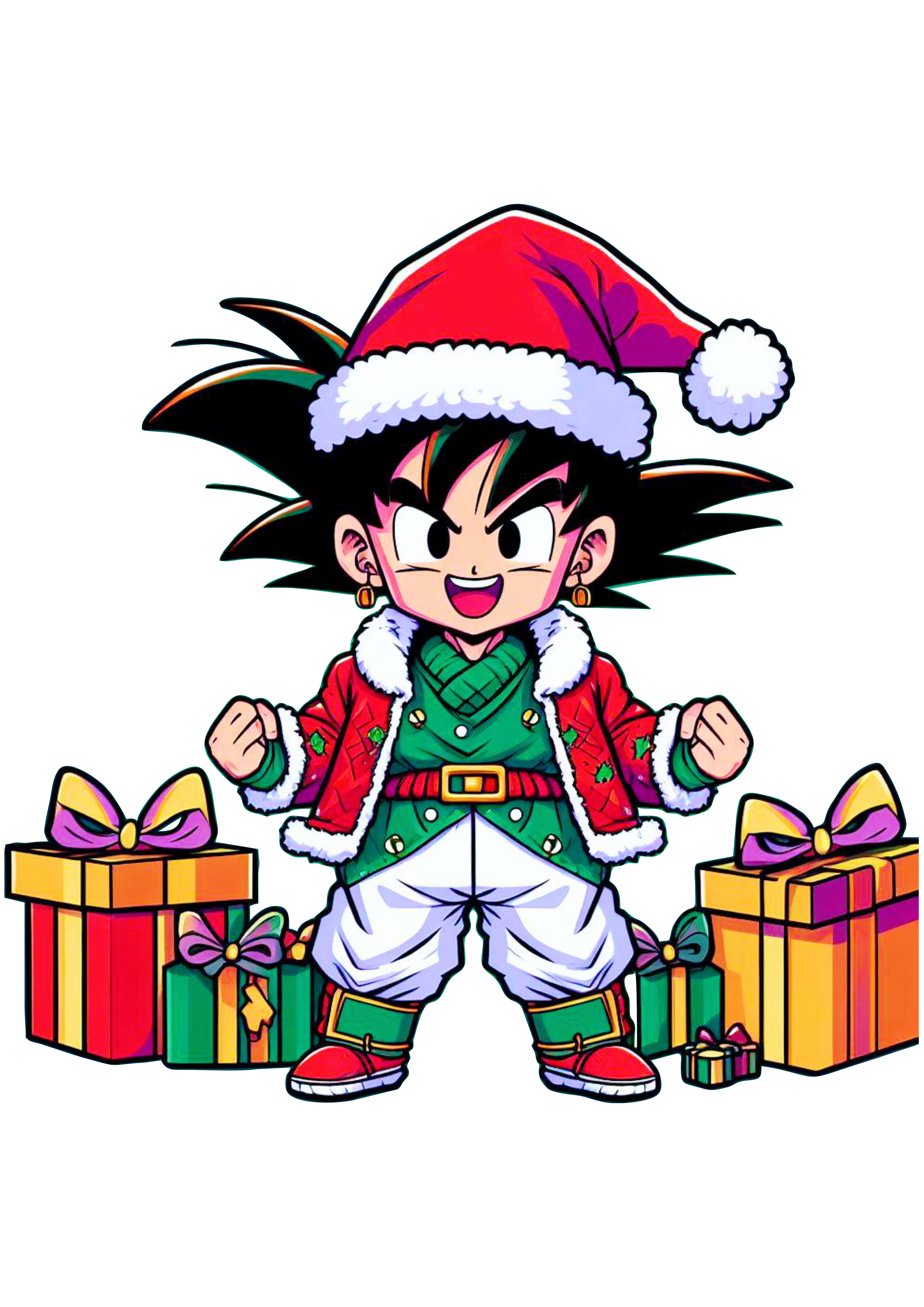 Dragon ball Z Goku pequeno com roupa de Papai Noel com presentes de natal png