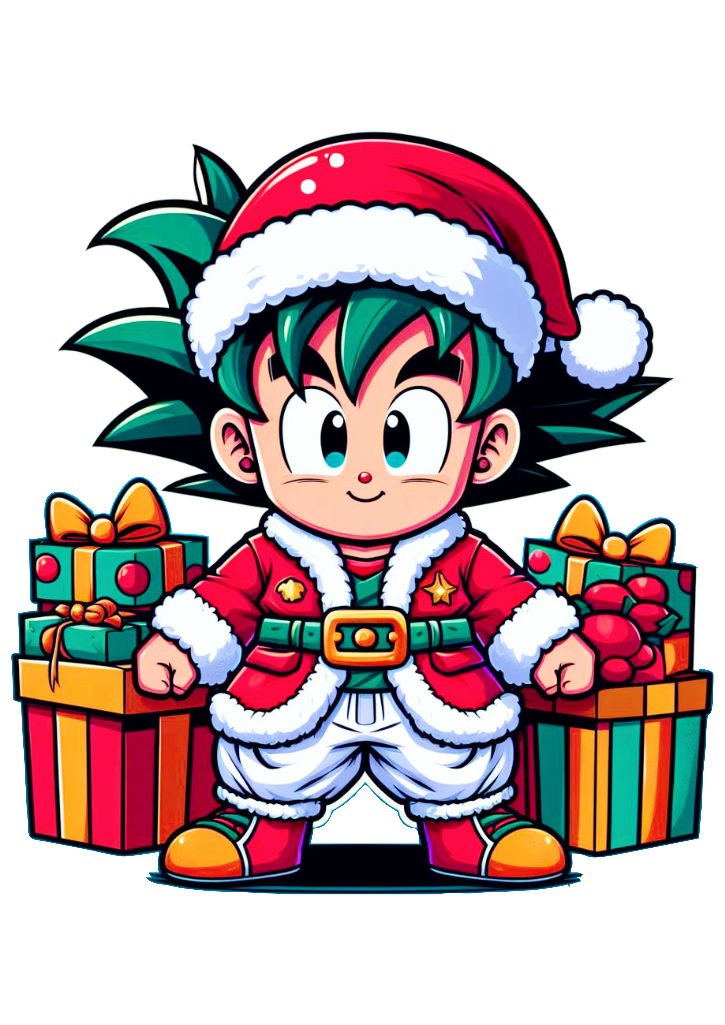 Dragon ball Z Goku pequeno com roupa de Papai Noel com presentes de natal desenho png