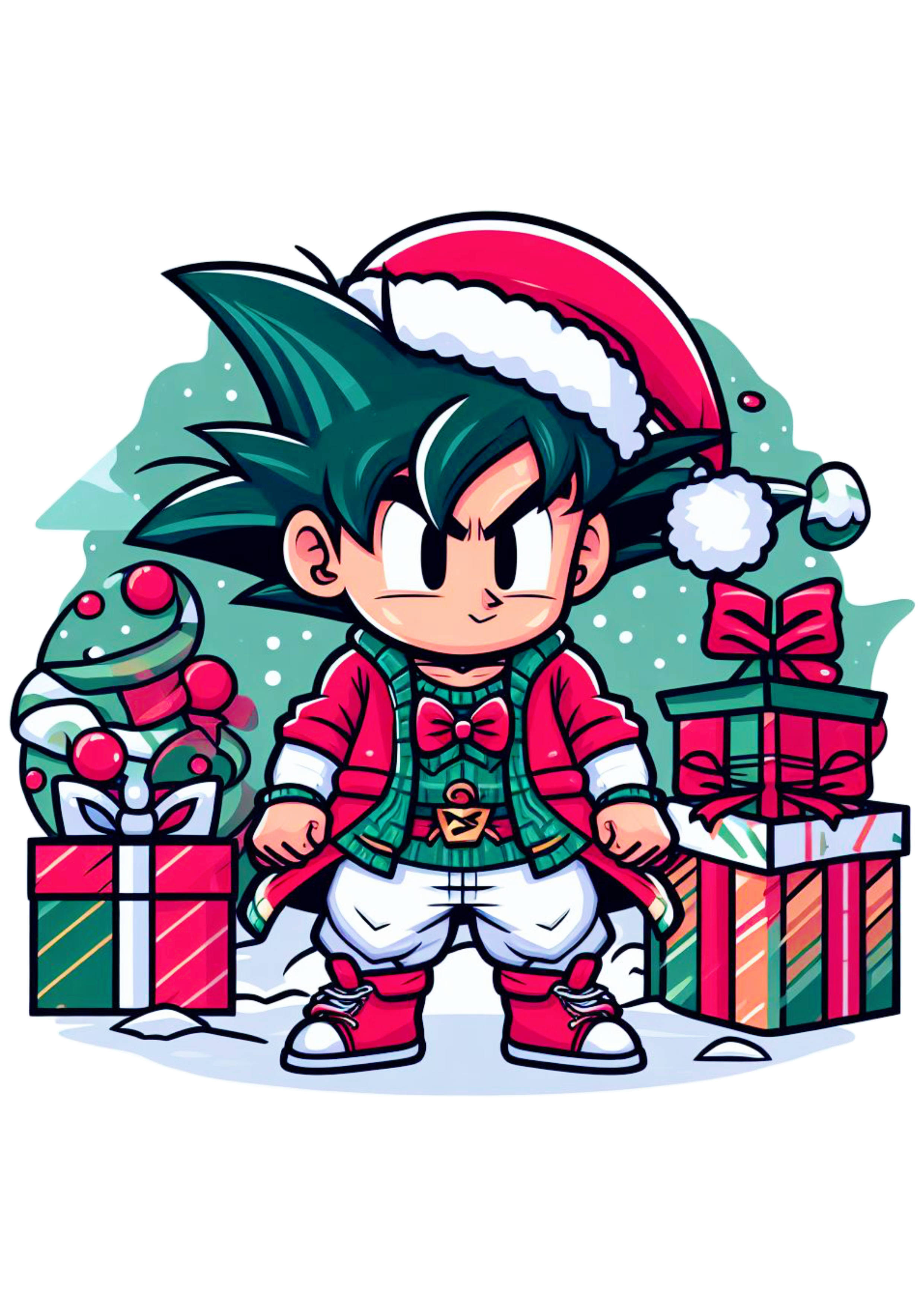 Dragon ball Z Goku pequeno com roupa de Papai Noel com presentes de natal desenho infantil png