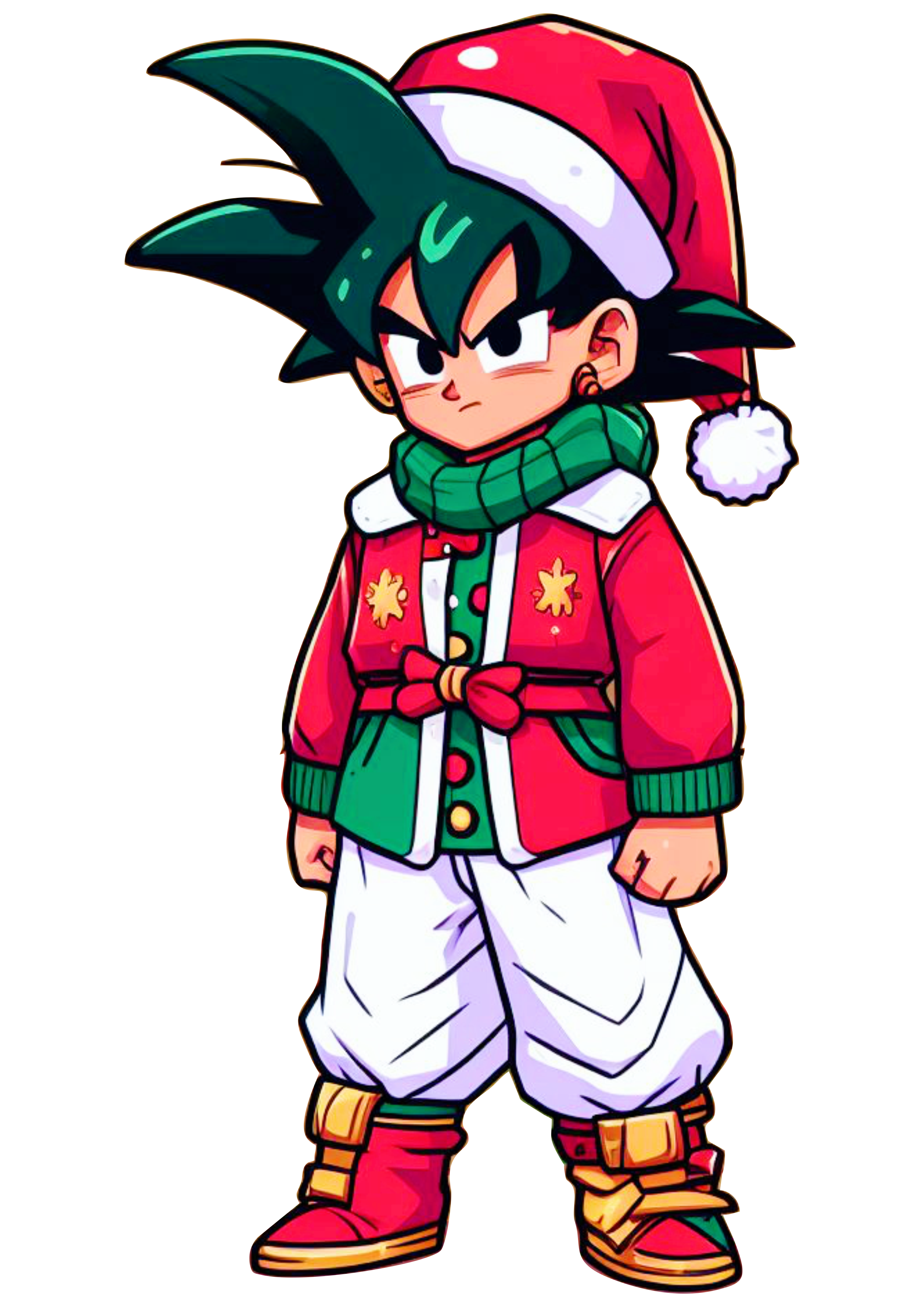 Dragon ball Z Goku pequeno com roupa de Papai Noel com presentes de natal desenho infantil fundo transparente png