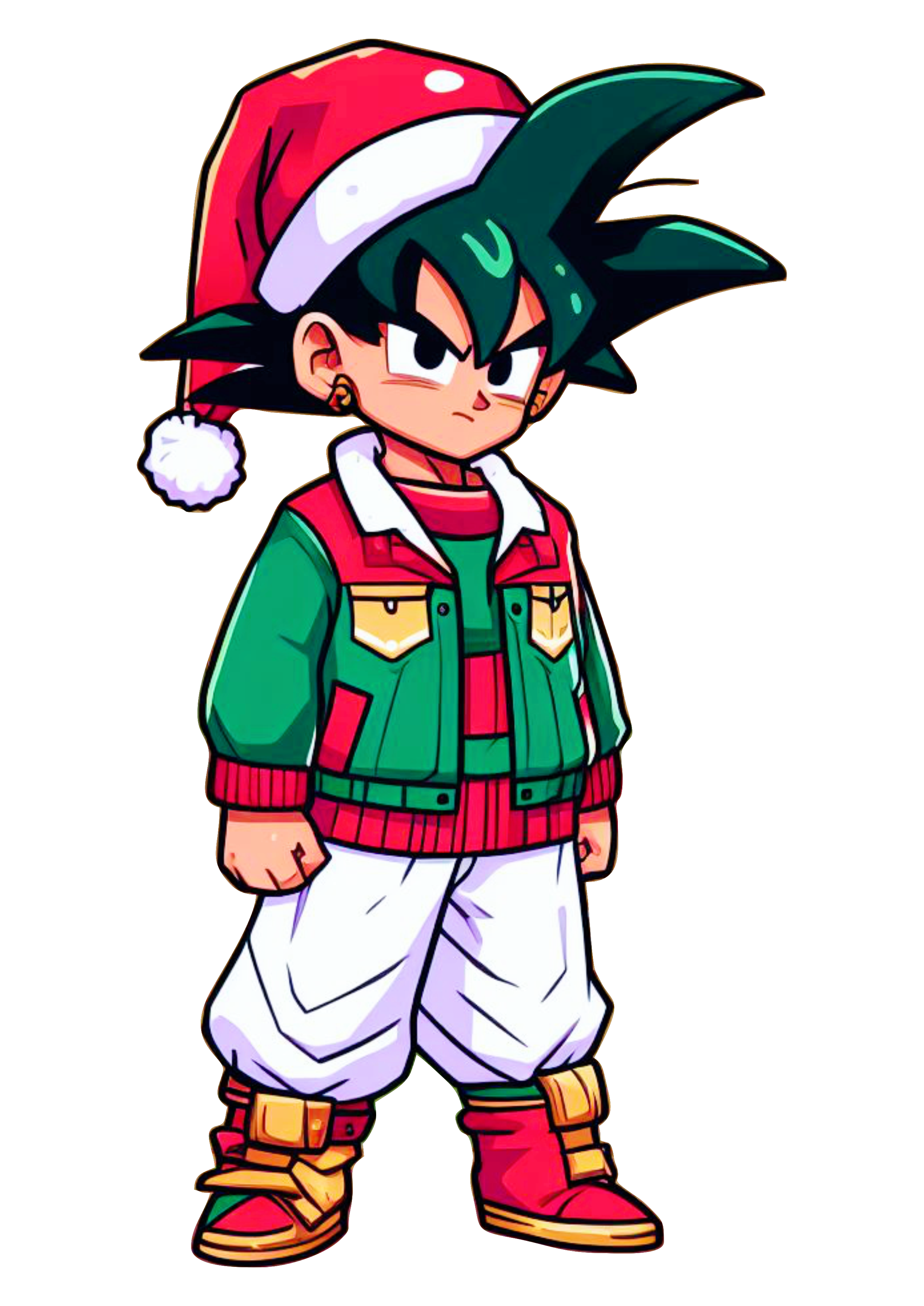 Dragon ball Z Goku pequeno com roupa de Papai Noel com presentes de natal desenho infantil ilustração fundo transparente png