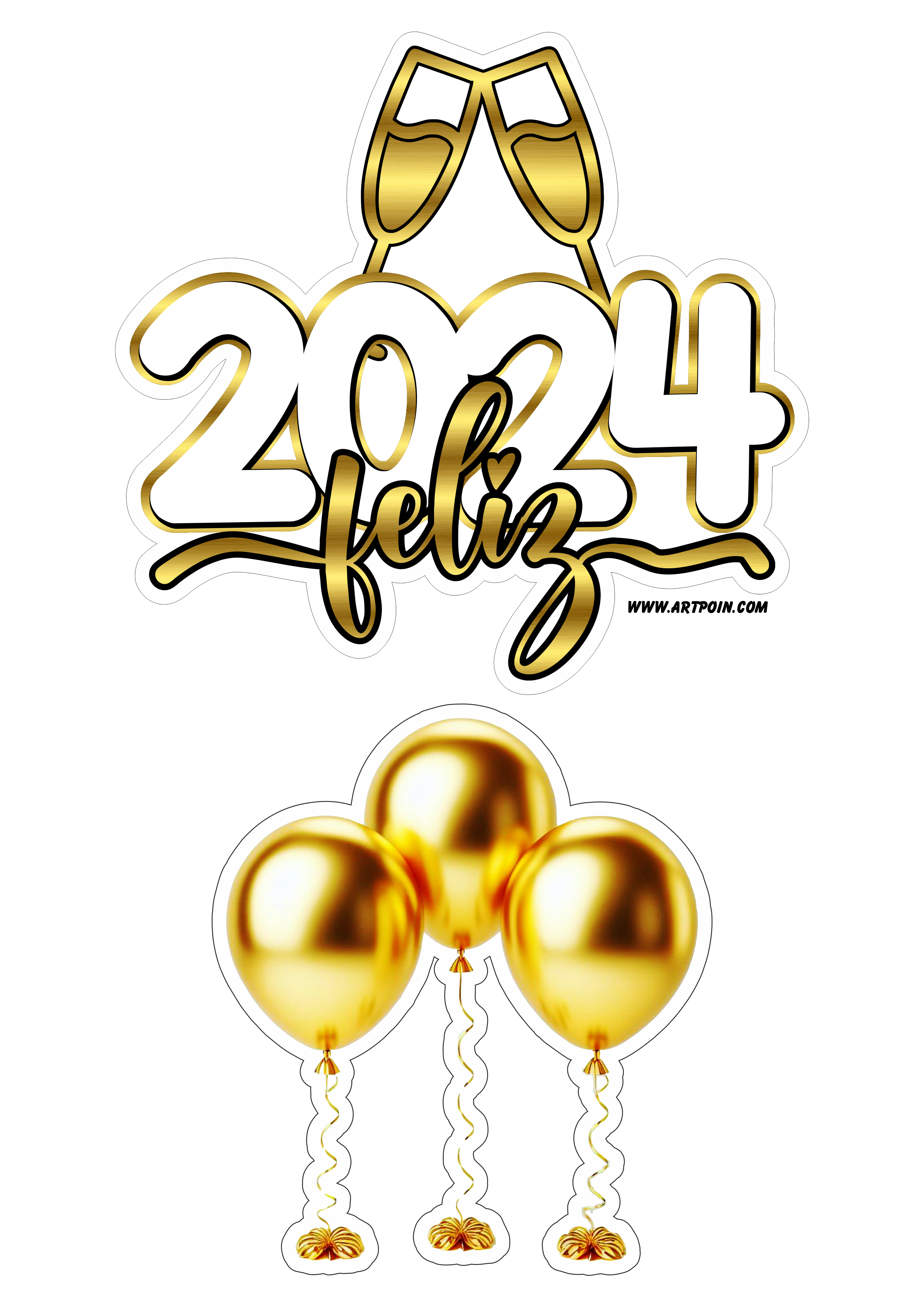 Feliz 2024 feliz ano novo topo de bolo para imprimir com balões dourados png