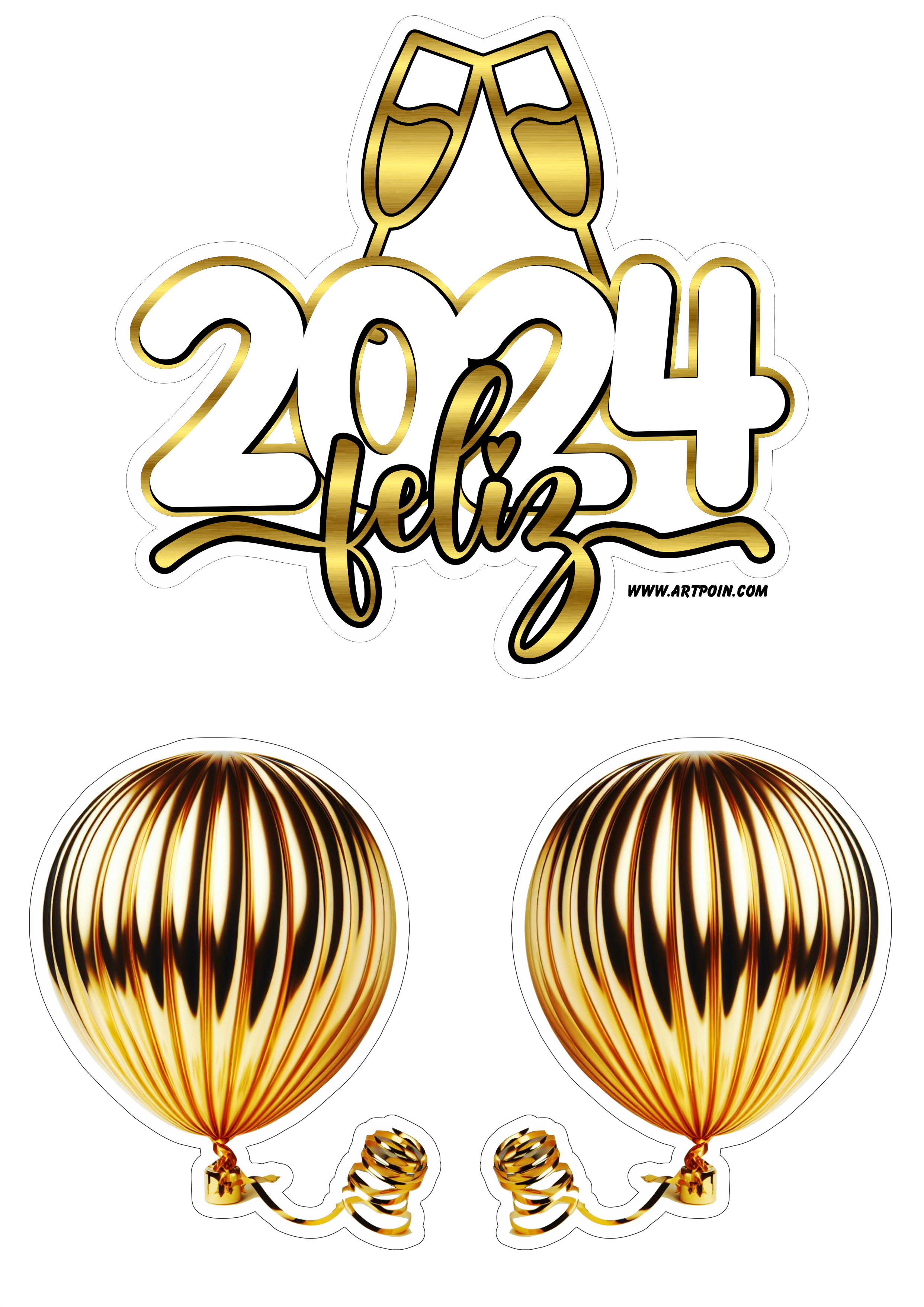 Feliz 2024 feliz ano novo topo de bolo para imprimir com balões dourados aniversário png