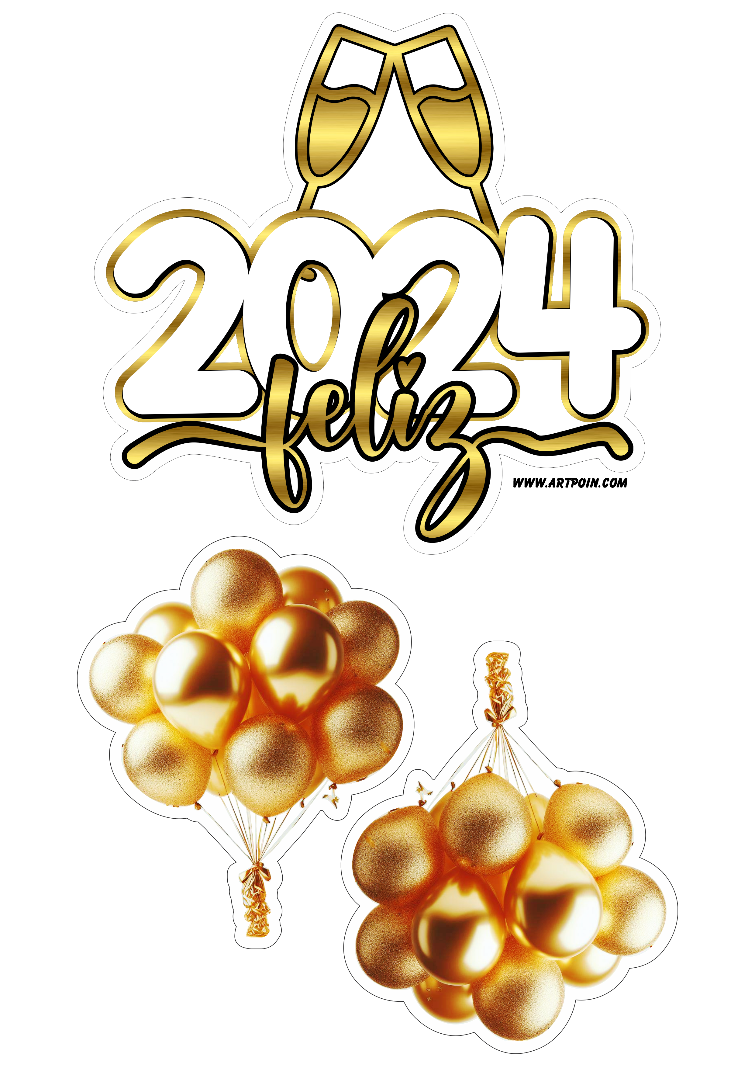Feliz 2024 feliz ano novo topo de bolo para imprimir com balões dourados fazendo a nossa festa png