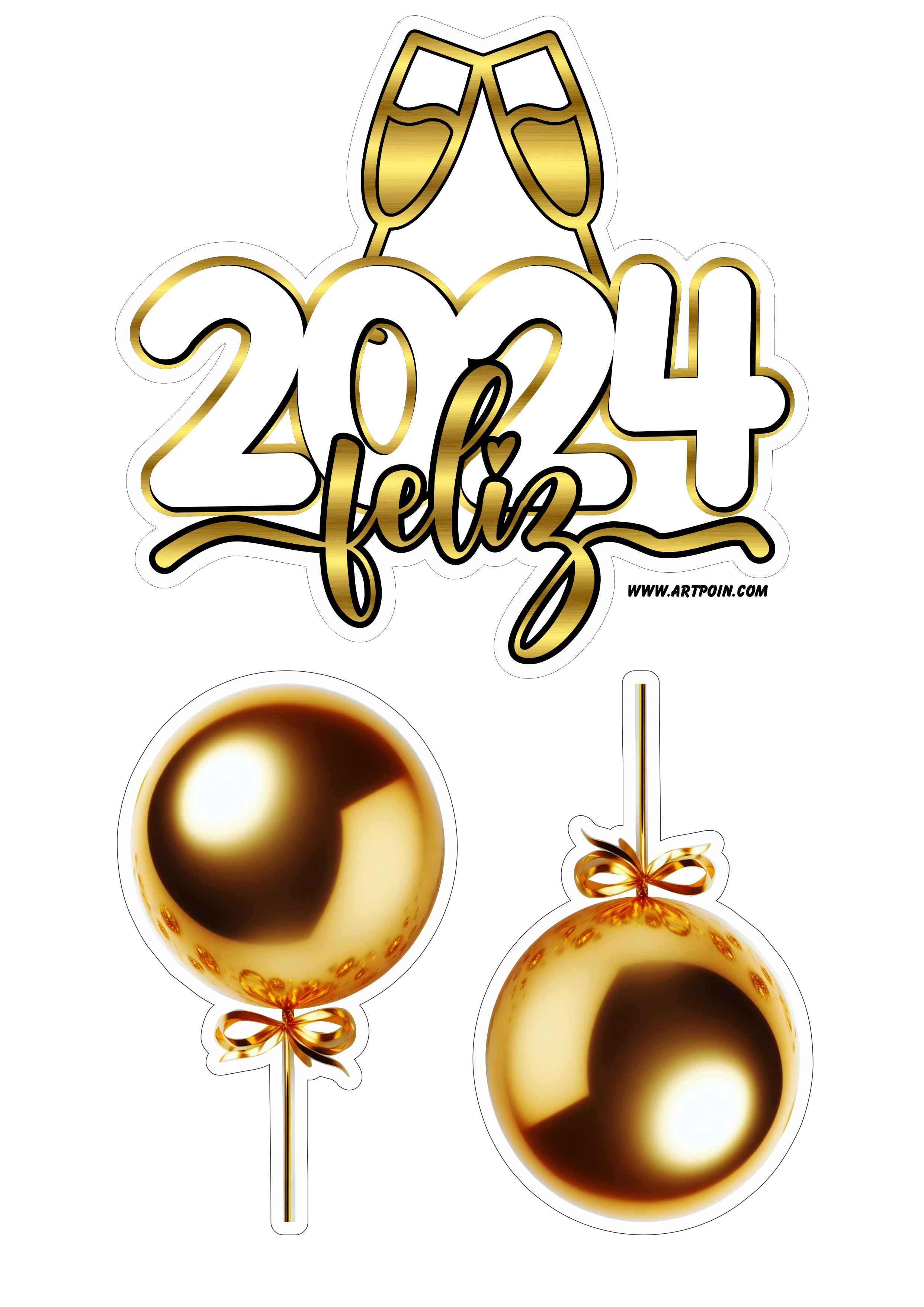 Feliz 2024 feliz ano novo topo de bolo para imprimir com balões dourados hora da festa png