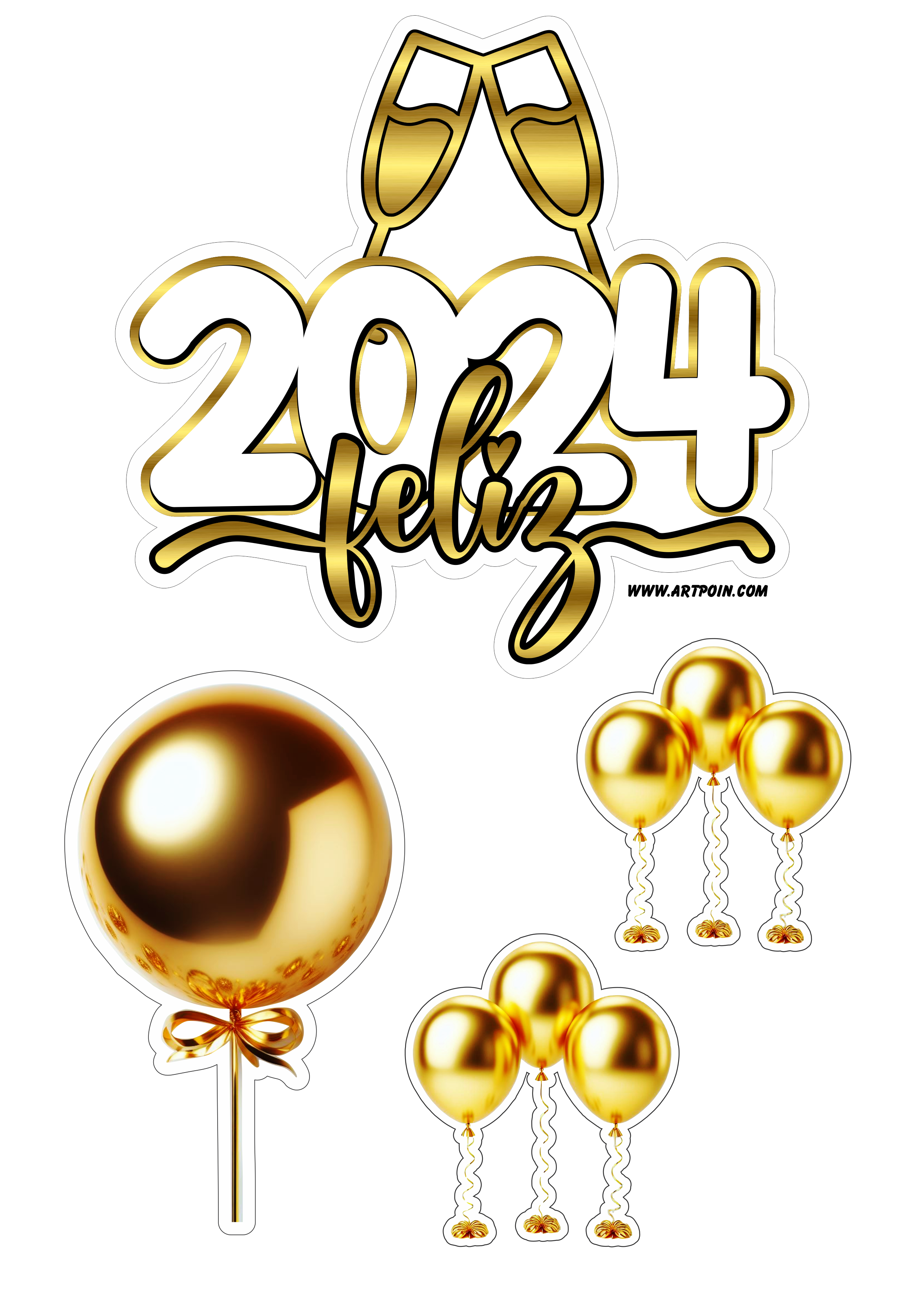 Feliz 2024 feliz ano novo topo de bolo para imprimir com balões dourados festa pronta png
