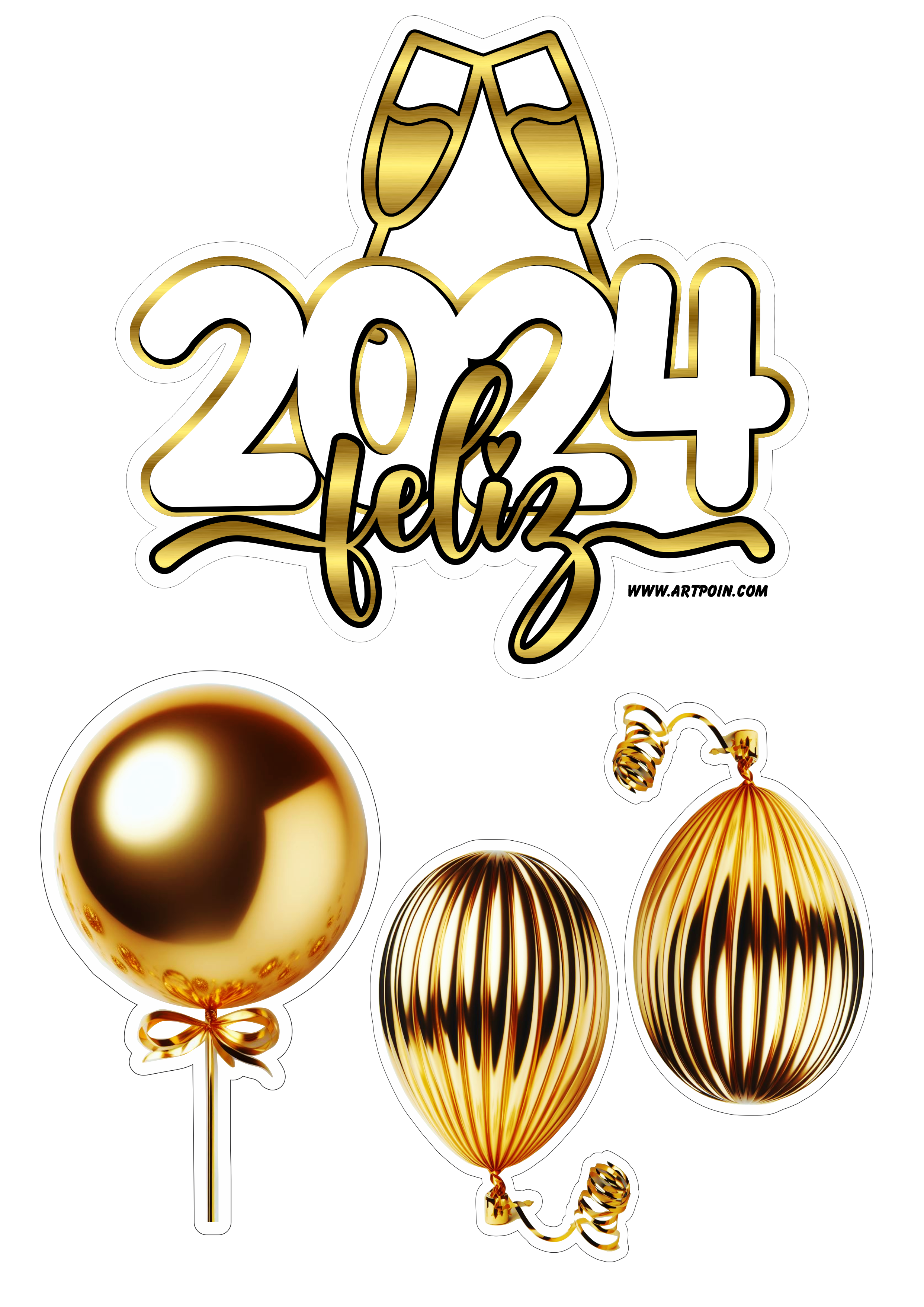 Feliz 2024 feliz ano novo topo de bolo para imprimir com balões dourados festa pronta artigos de papelaria png