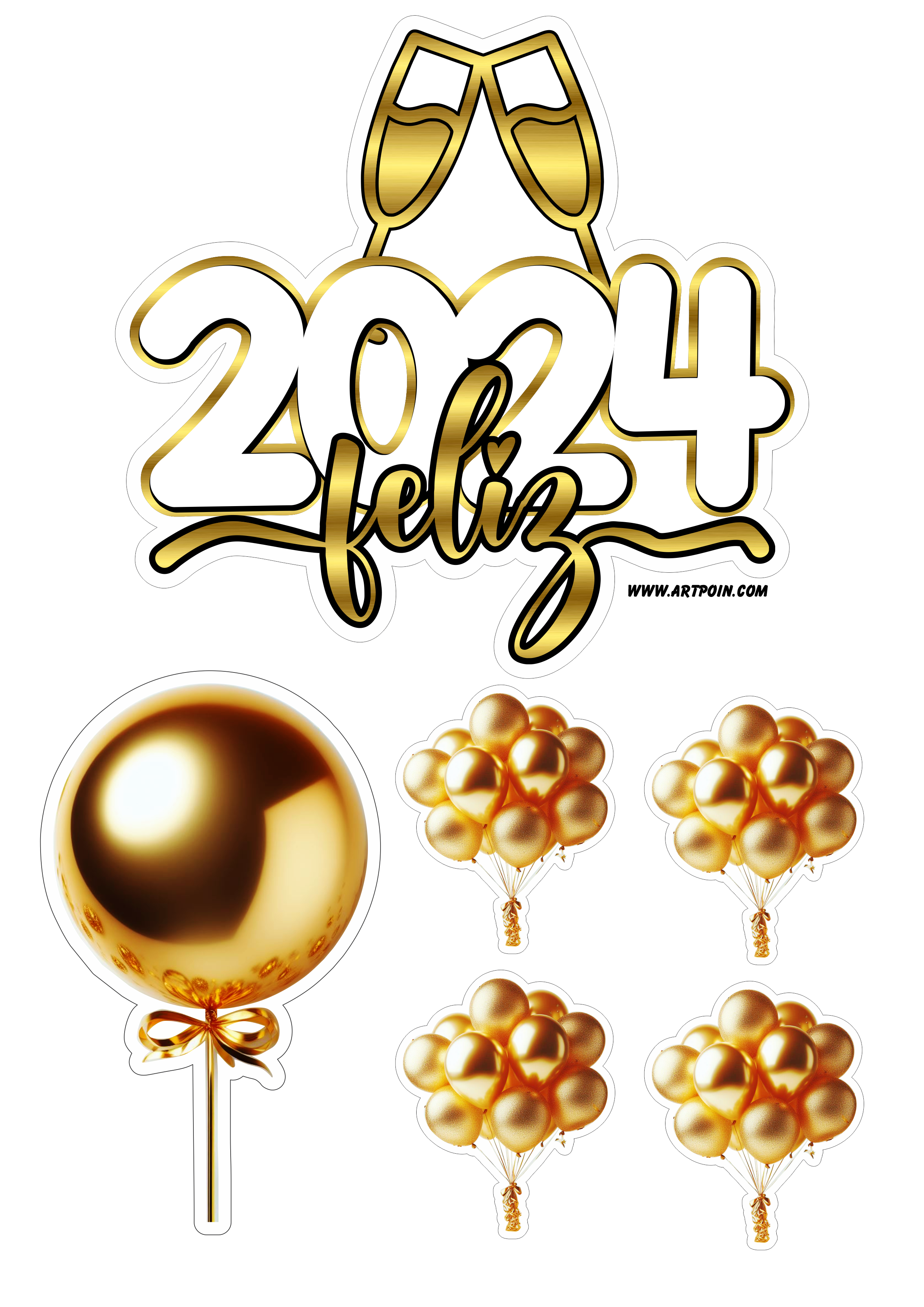 Feliz 2024 feliz ano novo topo de bolo para imprimir com balões dourados festa pronta artigos de papelaria renda extra png
