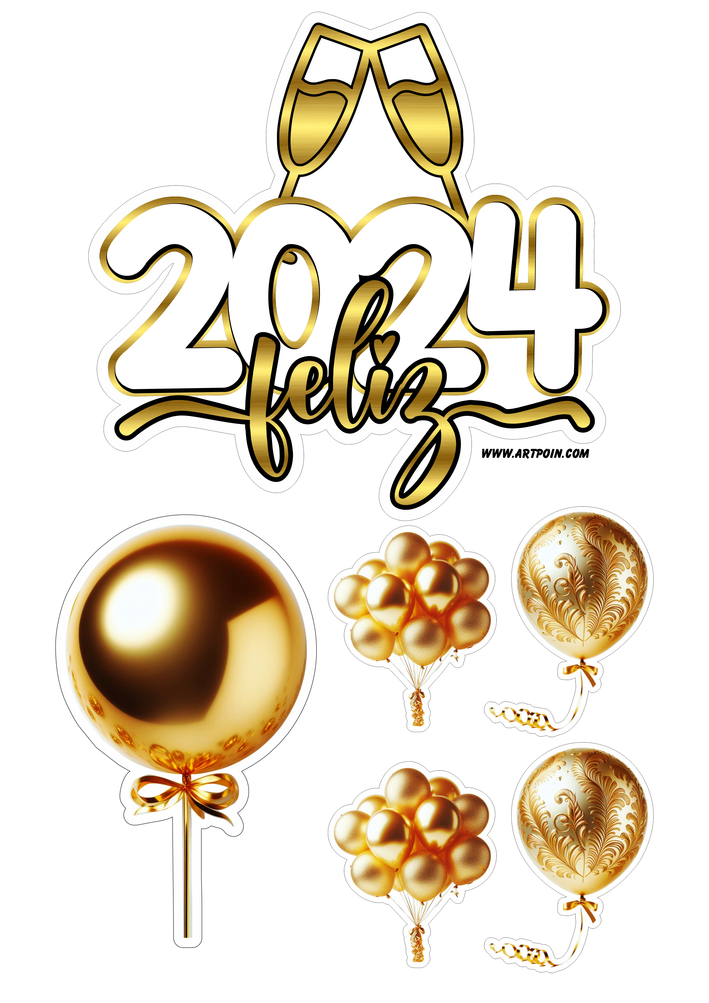 Feliz 2024 feliz ano novo topo de bolo para imprimir com balões dourados festa pronta artigos de papelaria para imprimir png