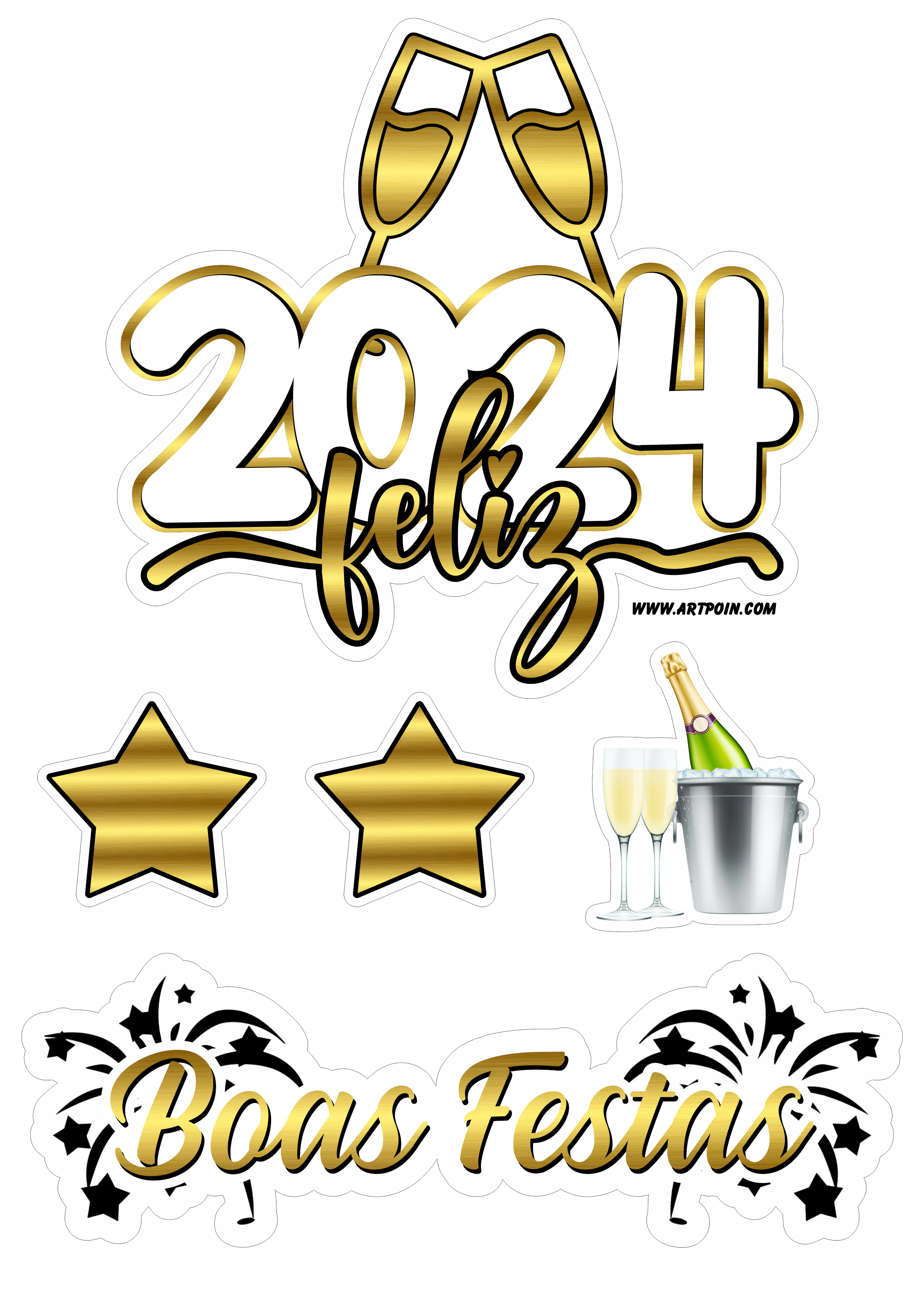 Feliz 2024 feliz ano novo topo de bolo para imprimir com estrelinhas douradas boas festas png