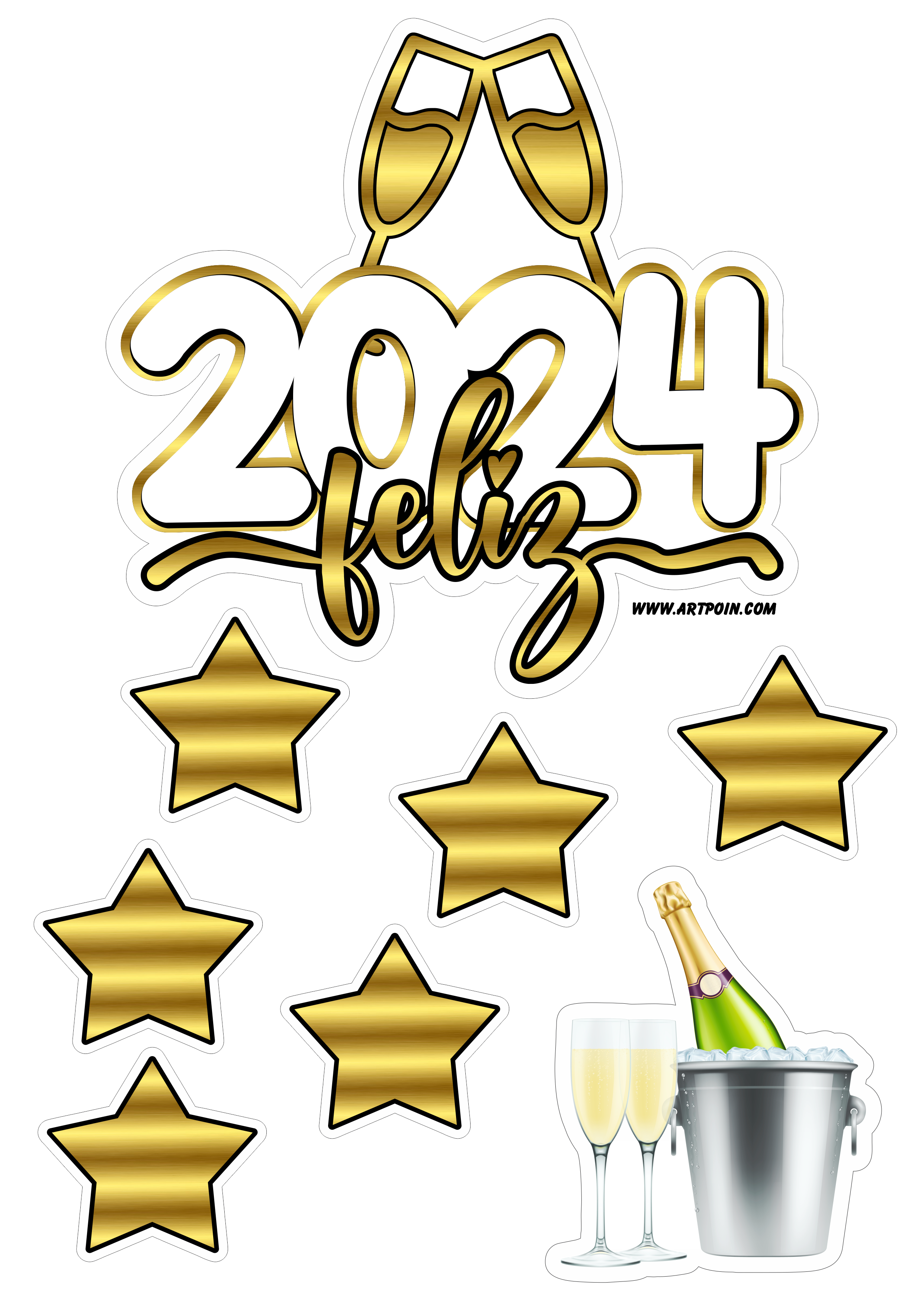Feliz 2024 feliz ano novo topo de bolo para imprimir com estrelinhas douradas boas festas fazendo a nossa festa png