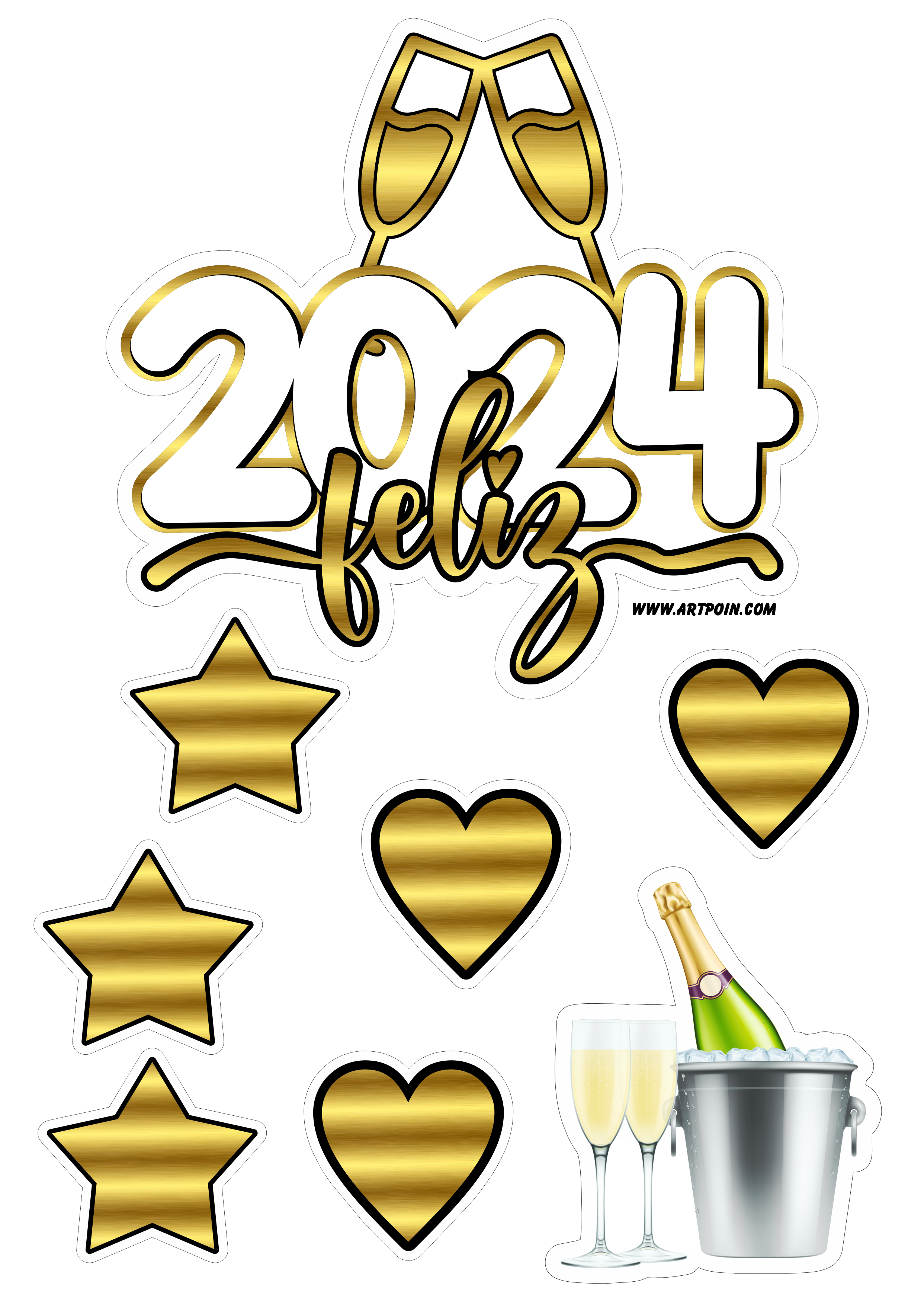 Feliz 2024 feliz ano novo topo de bolo para imprimir com estrelinhas douradas e corações papelaria criativa png