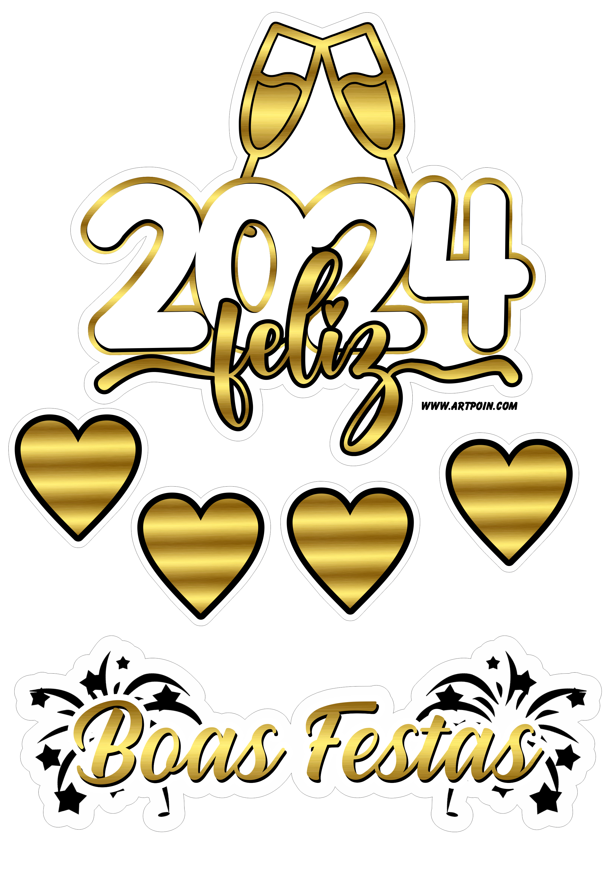 Feliz 2024 feliz ano novo topo de bolo para imprimir com corações dourados papelaria criativa boas festas png