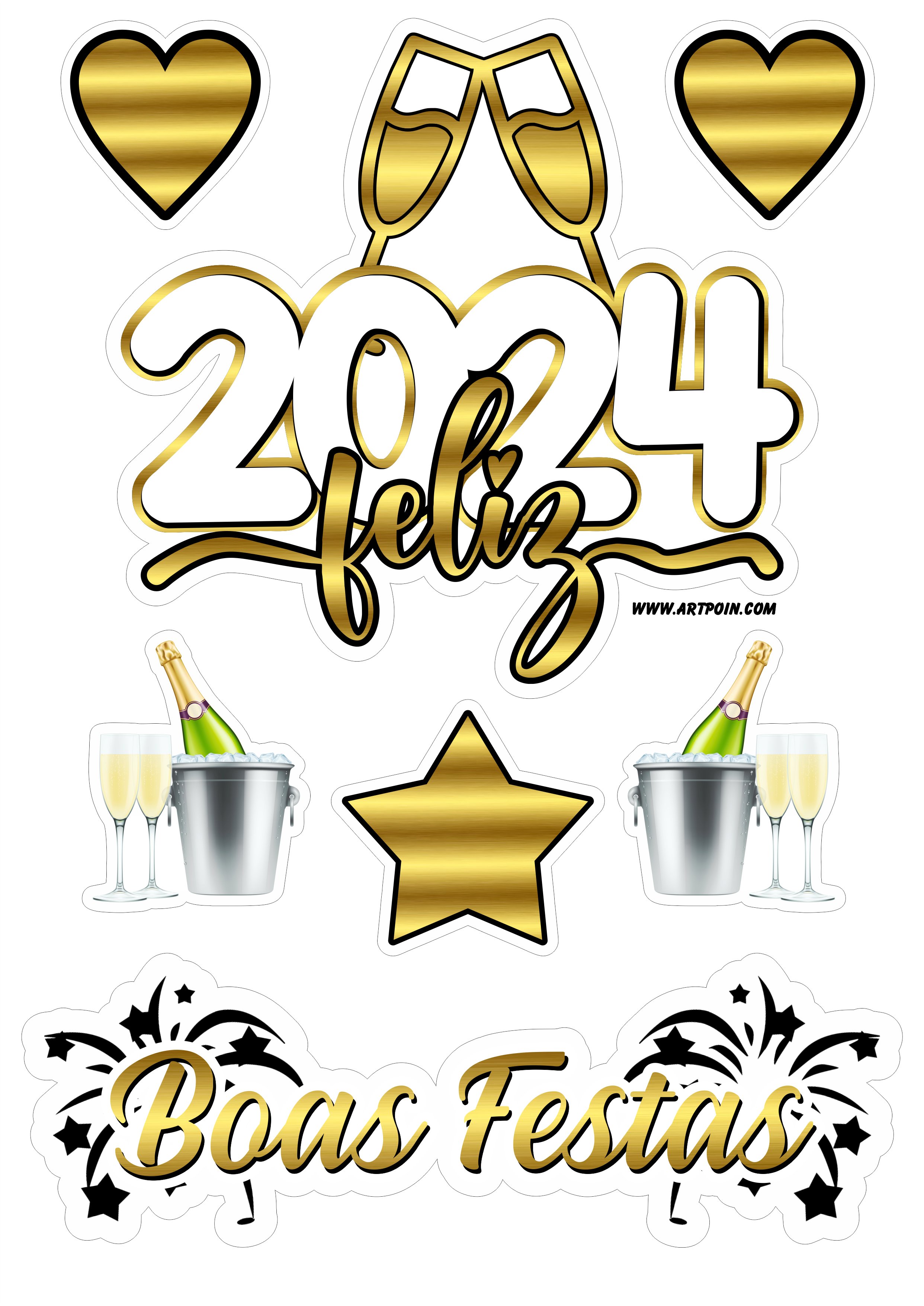 Feliz 2024 feliz ano novo topo de bolo para imprimir com corações dourados papelaria criativa boas festas champanhe png