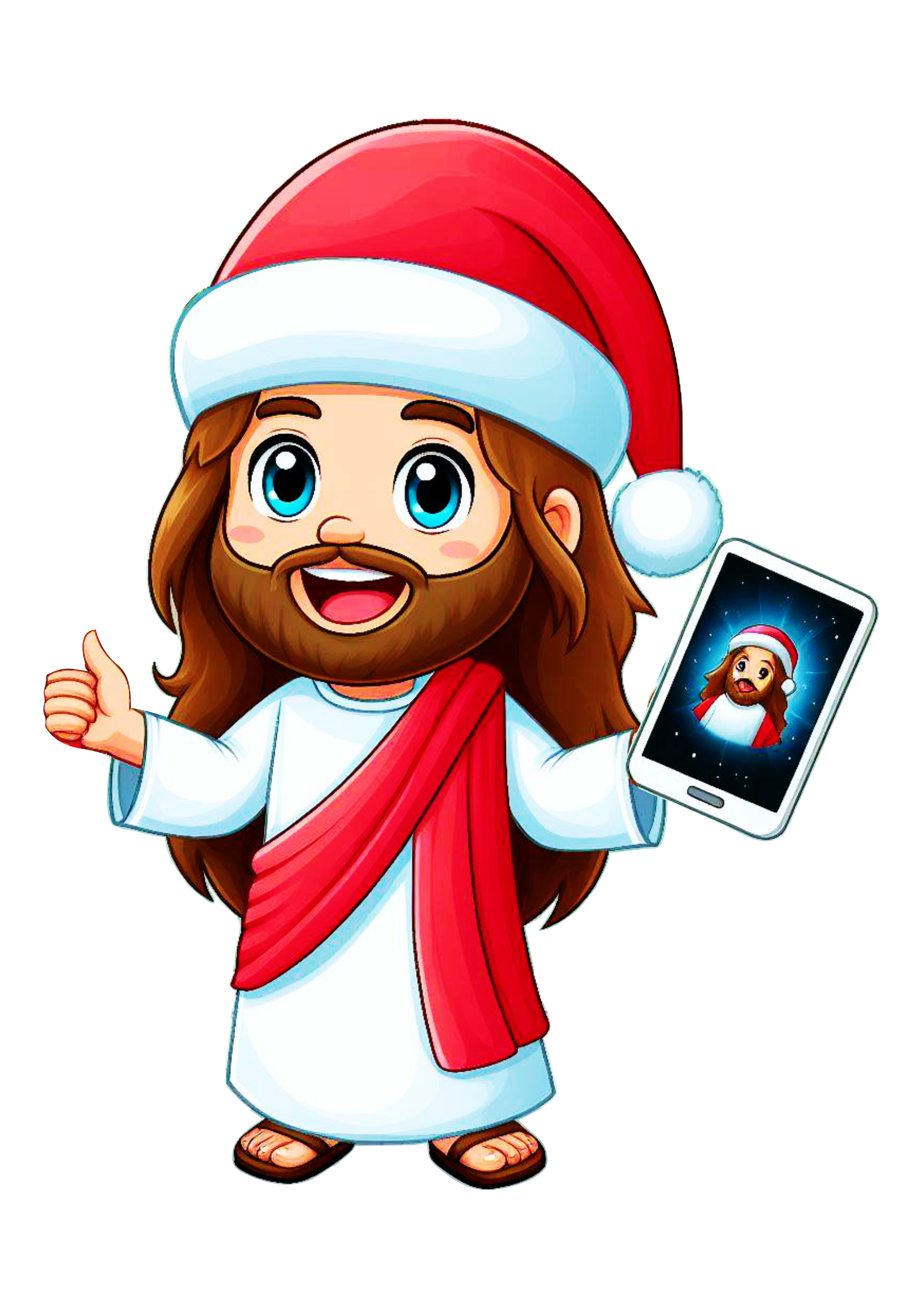 Jesus Cristo com tablet Feliz Natal ilustração desenho infantil para igreja pack de imagens fundo transparente png