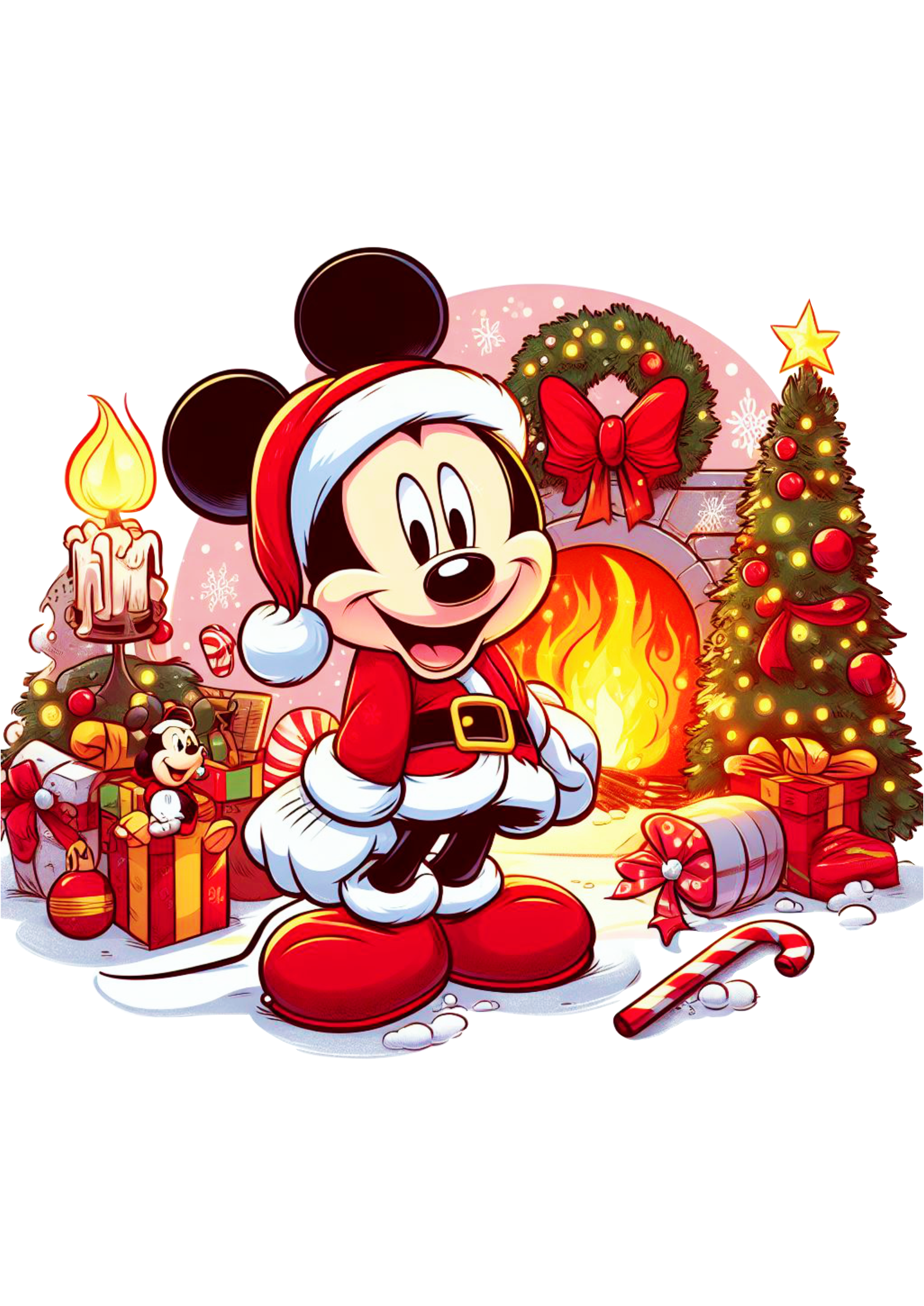 Decoração de natal imagem fofinha do Mickey árvore de natal chaminé guirlanda e presentes png