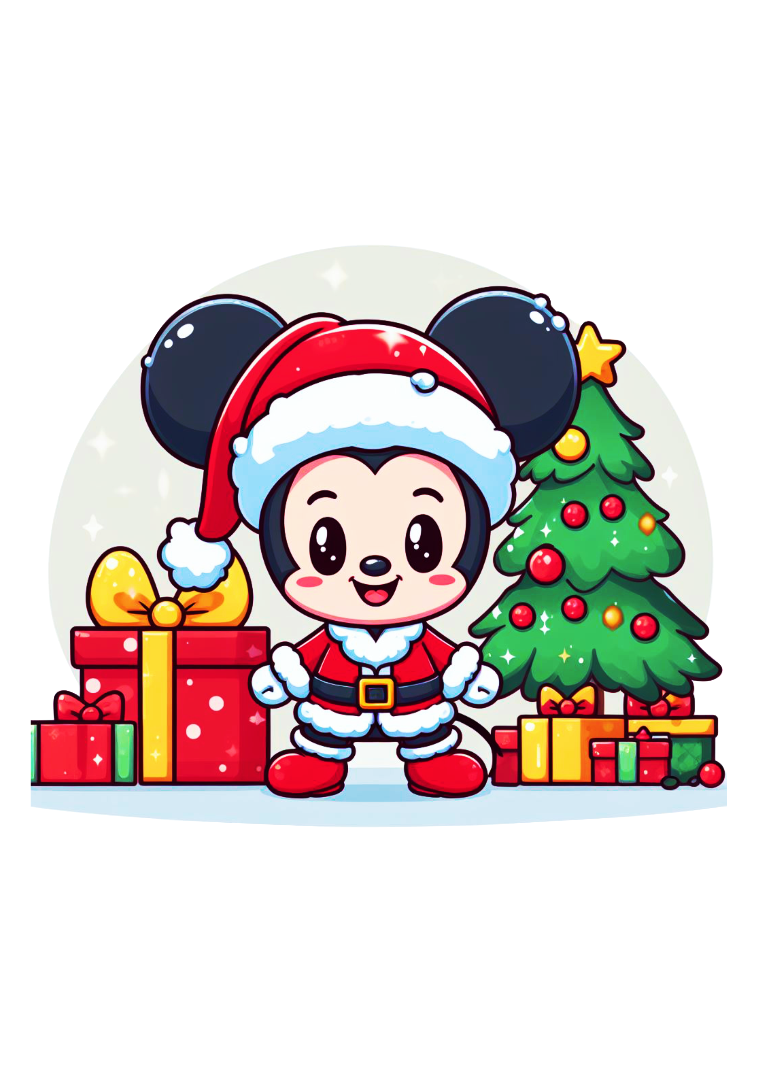 Mickey Mouse Natal da Disney fantasiado de papai Noel desenho infantil chibi árvore de natal com presentes fundo transparente png