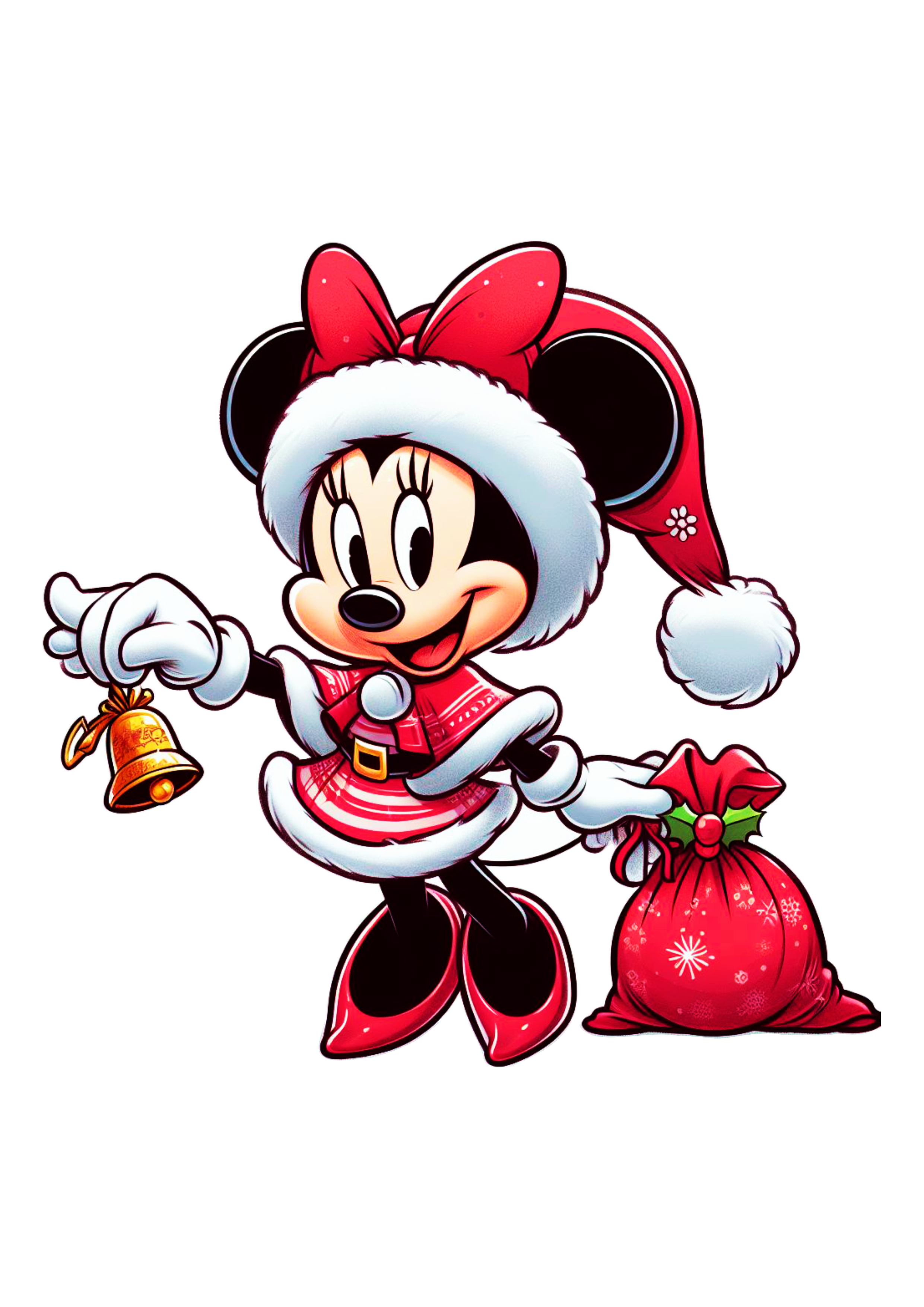 Minnie Mouse vermelha com vestido de natal com sino e saco de presentes png