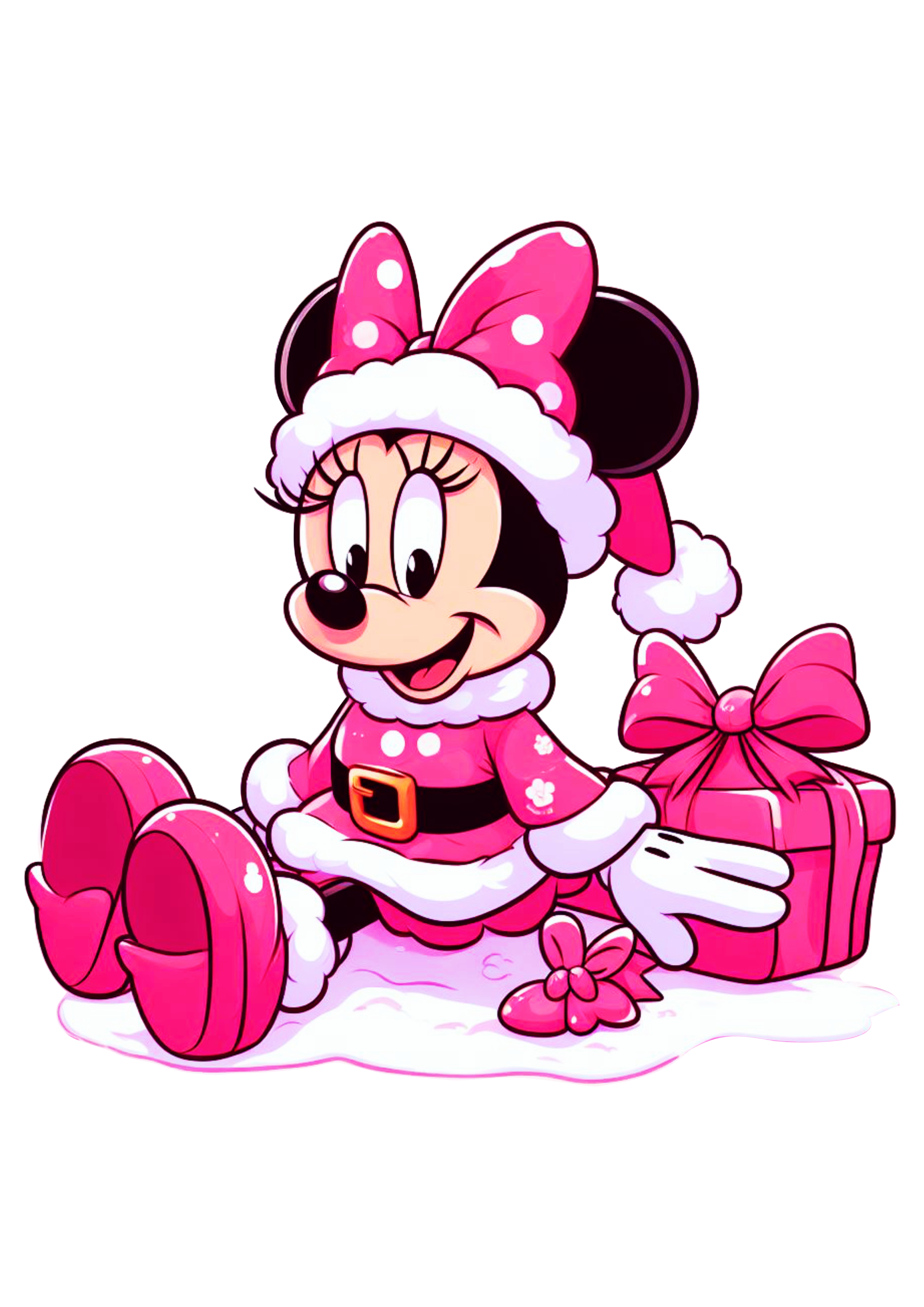 Minnie Mouse rosa com vestido de natal sentada com presentes png