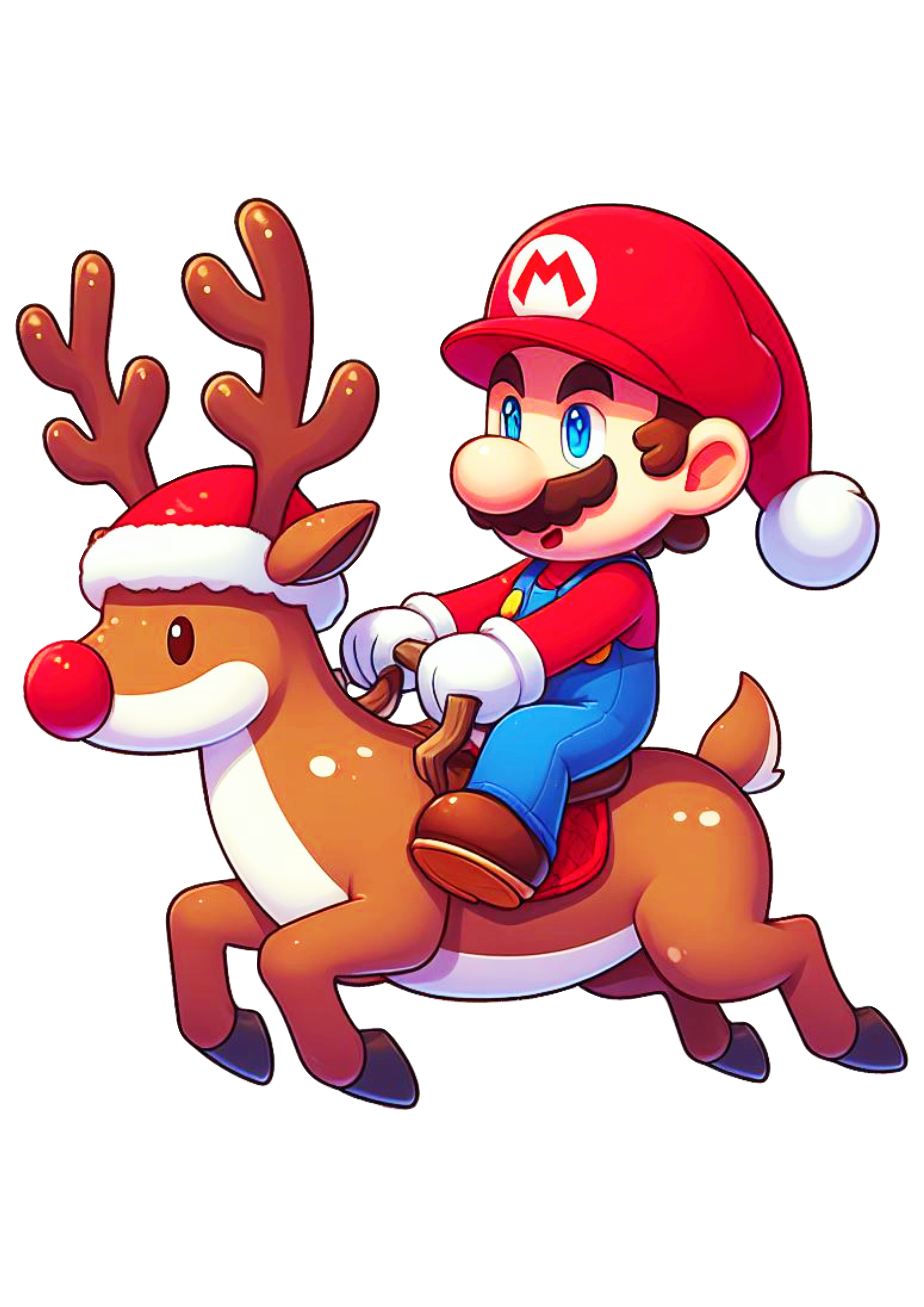 Mario Bros com gorro do papai Noel montado em uma rena vídeo game desenho infantil cartoon png
