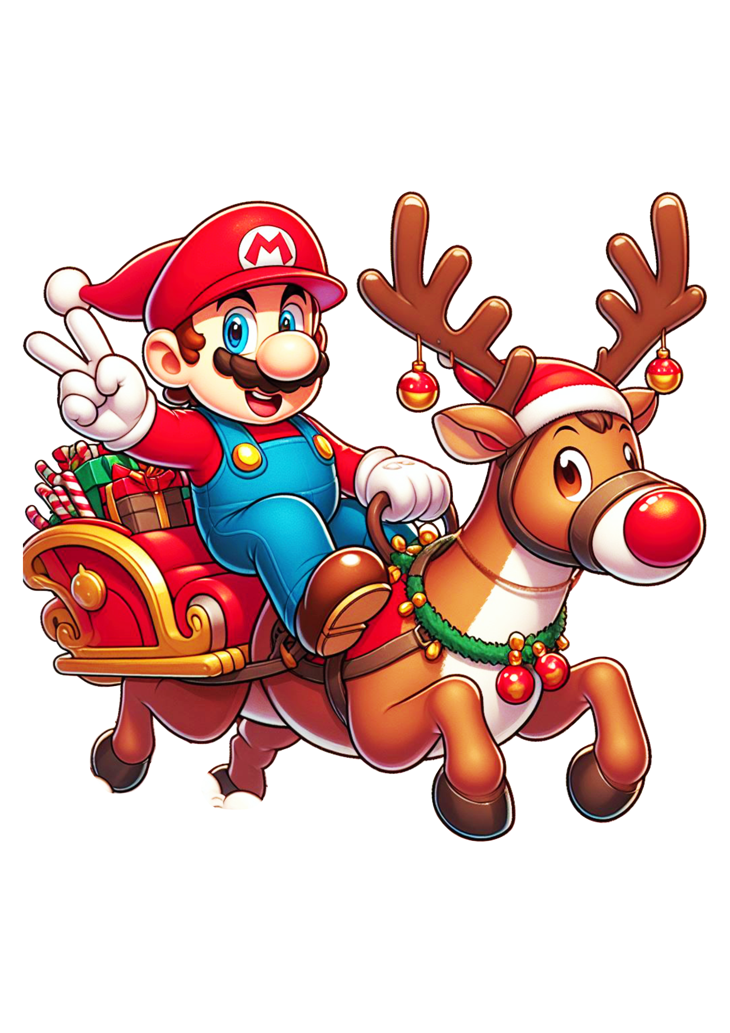 Mario Bros com gorro do papai Noel montado em uma rena vídeo game desenho infantil png