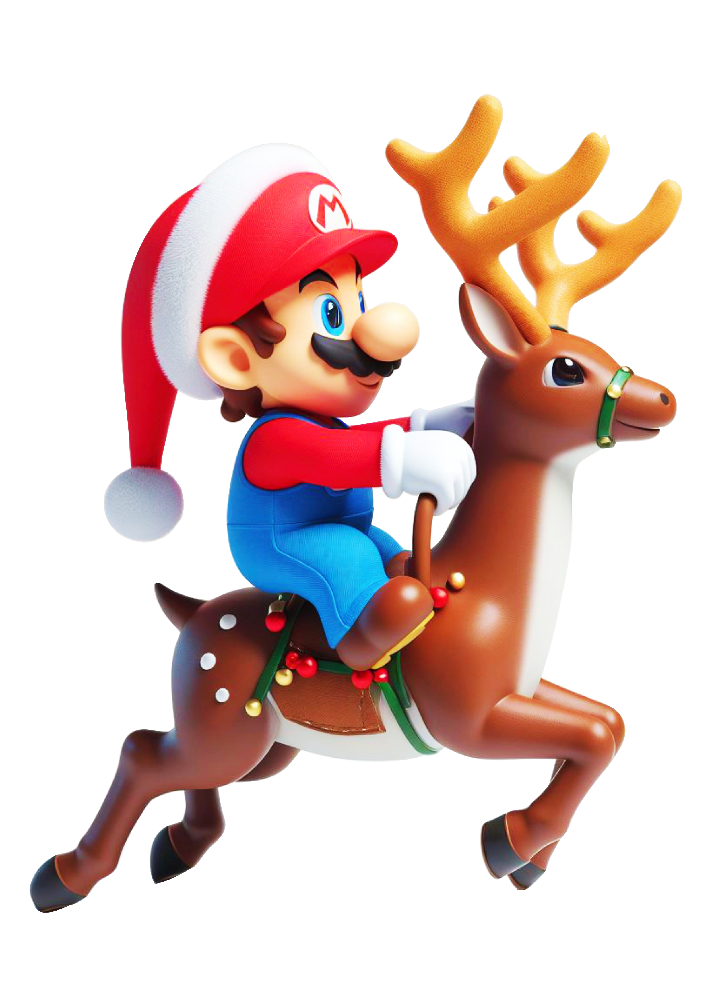 Mario Bros com gorro do papai Noel montado em uma rena vídeo game desenho infantil cartoon fundo transparente png