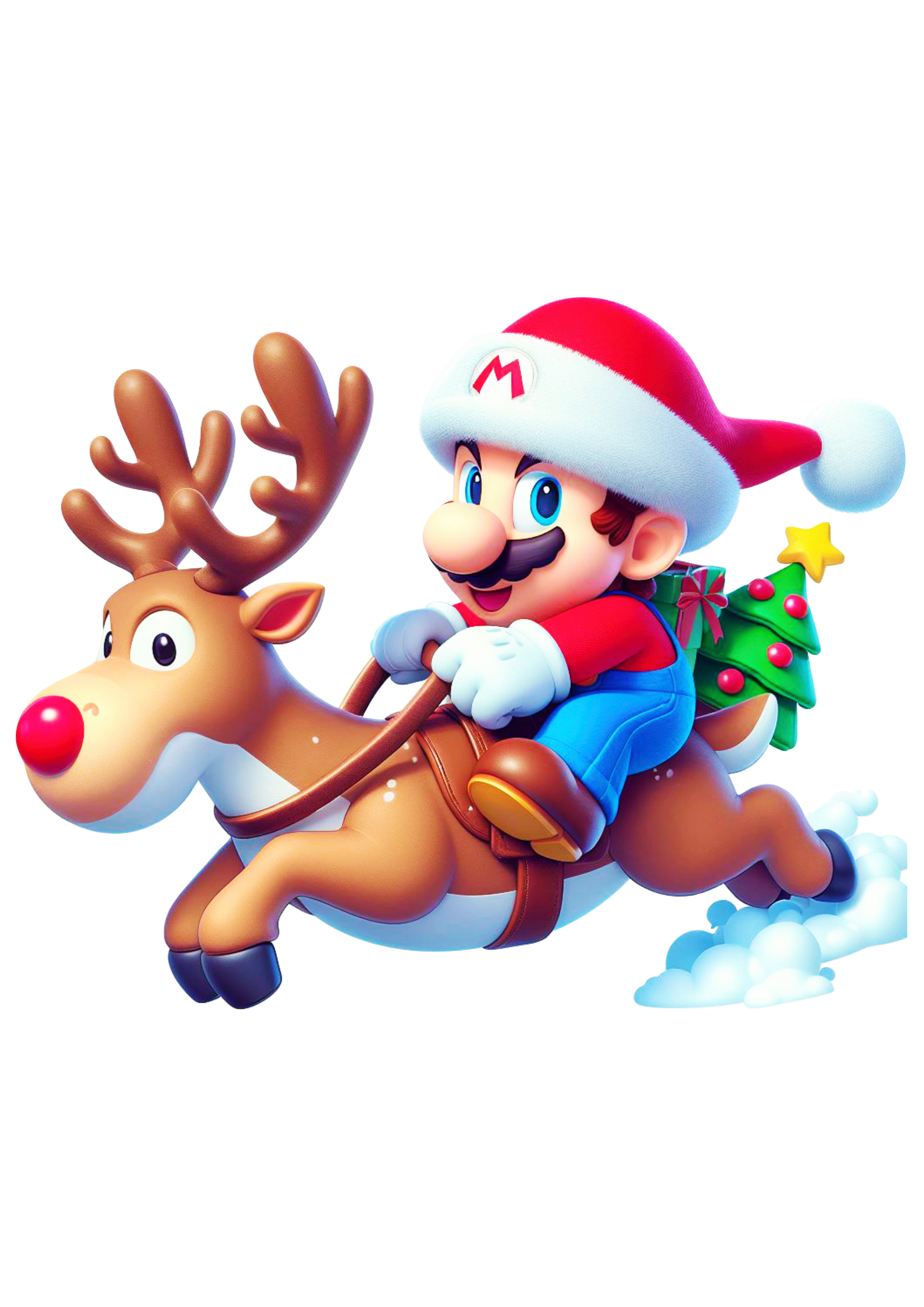 Mario Bros com gorro do papai Noel montado em uma rena vídeo game desenho infantil cartoon animação fundo transparente png