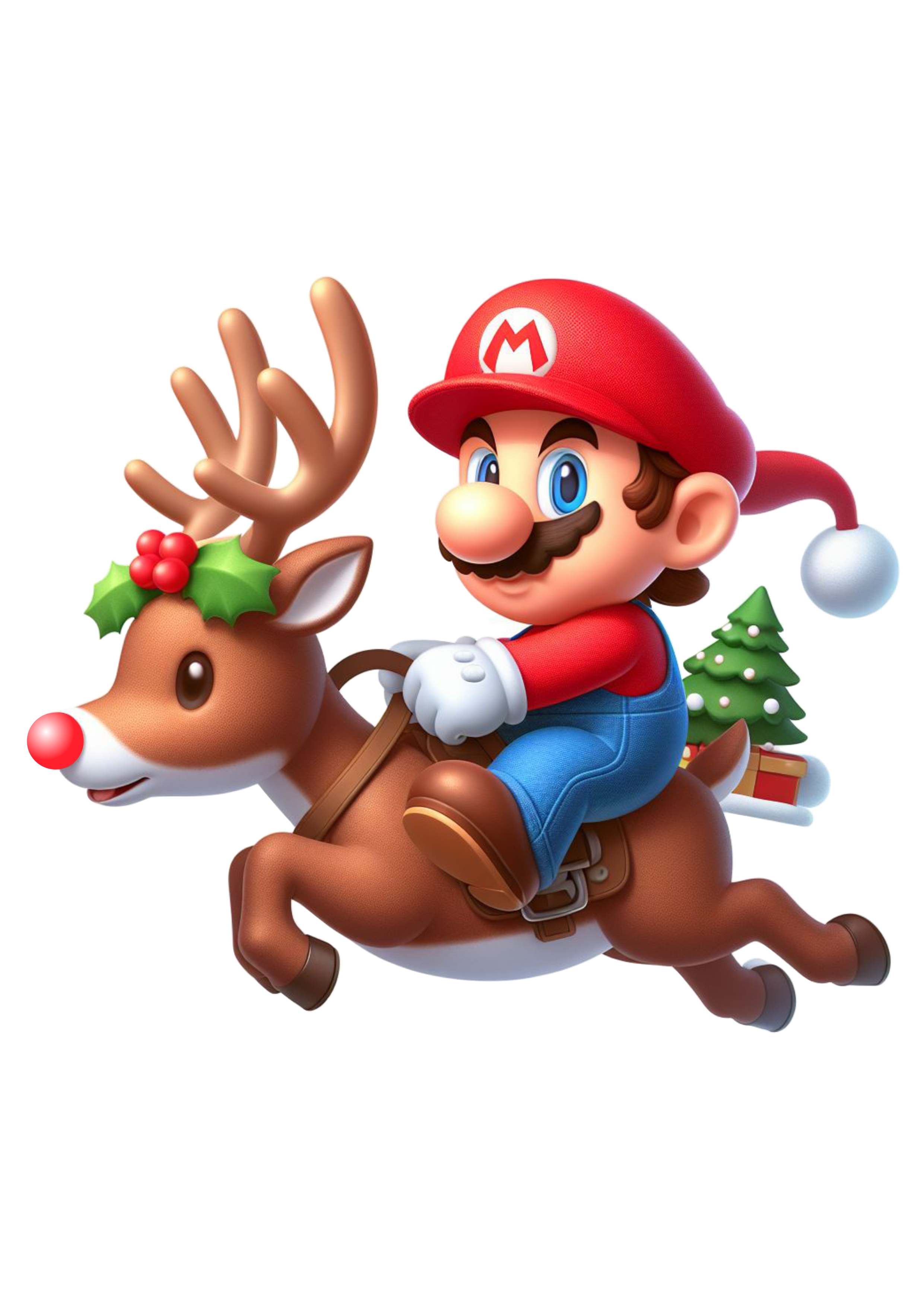 Mario Bros com gorro do papai Noel montado em uma rena png
