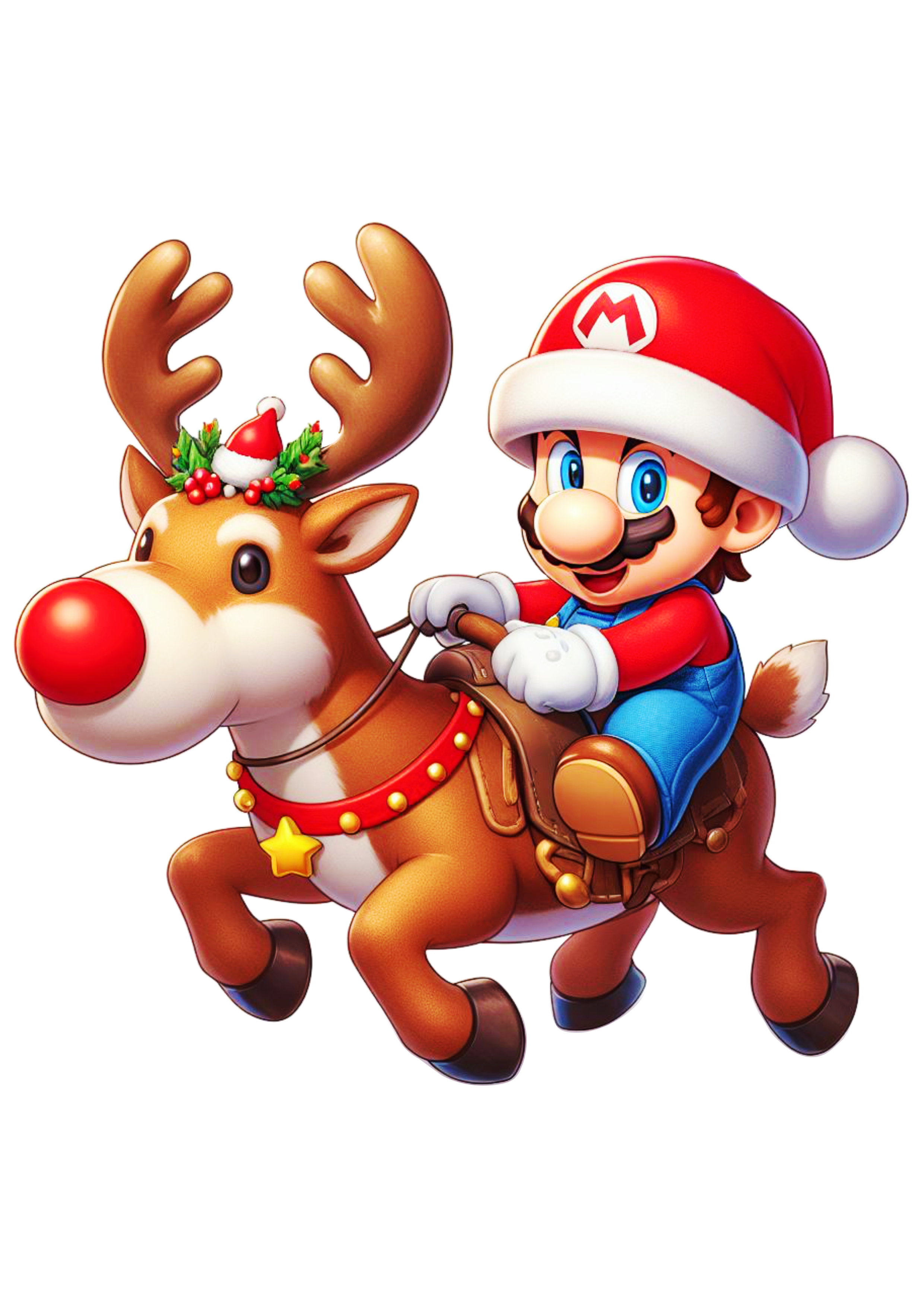Mario Bros com gorro do papai Noel montado em uma rena vídeo game png