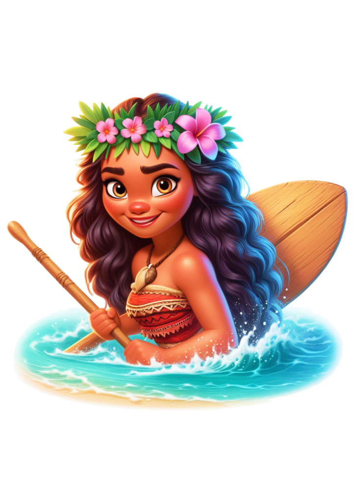 Moana com remo na mão personagens Disney desenho flores fundo