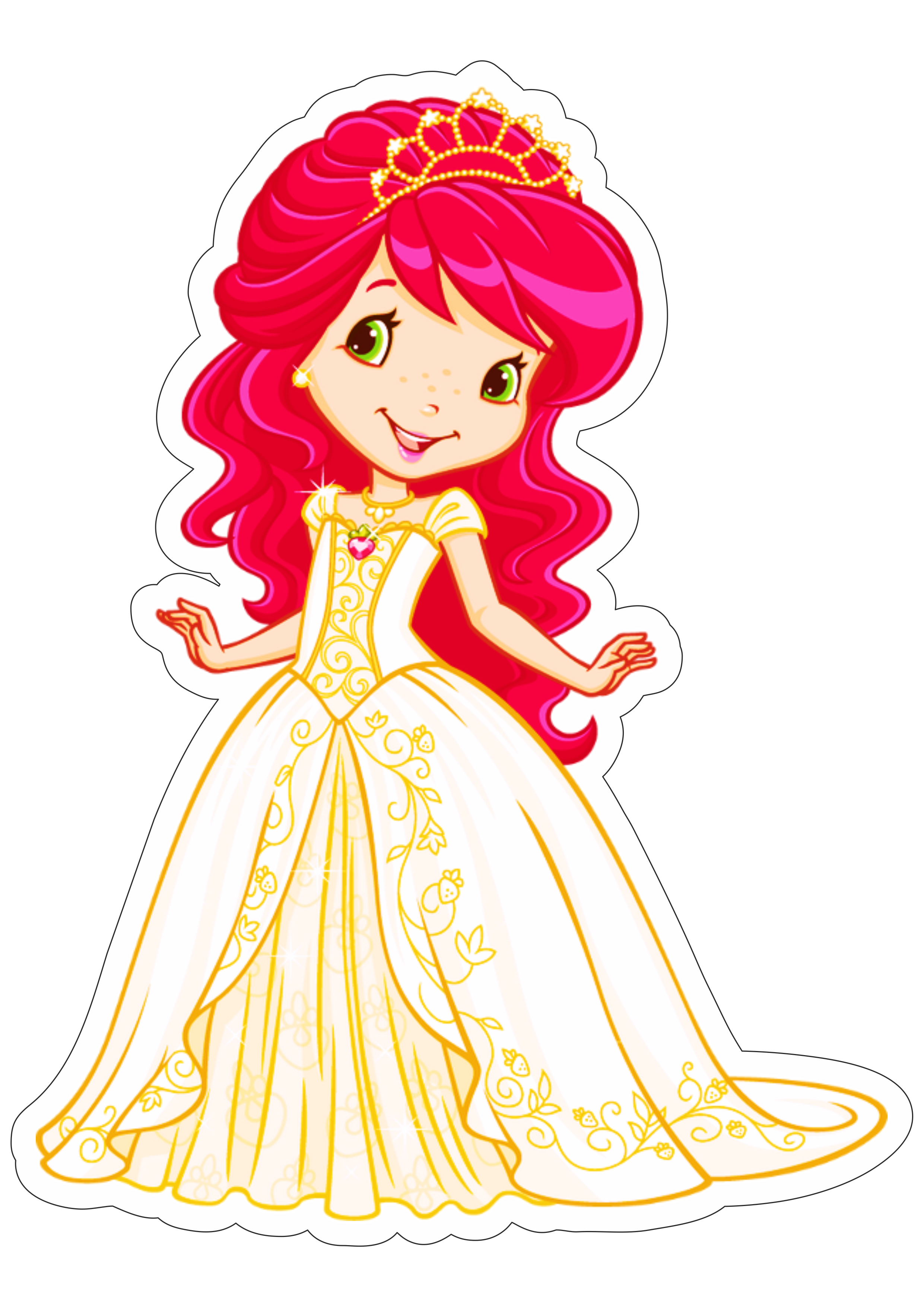 Desenho fofinho Moranguinho com cabelo solto com vestido de princesa  imagem com contorno png