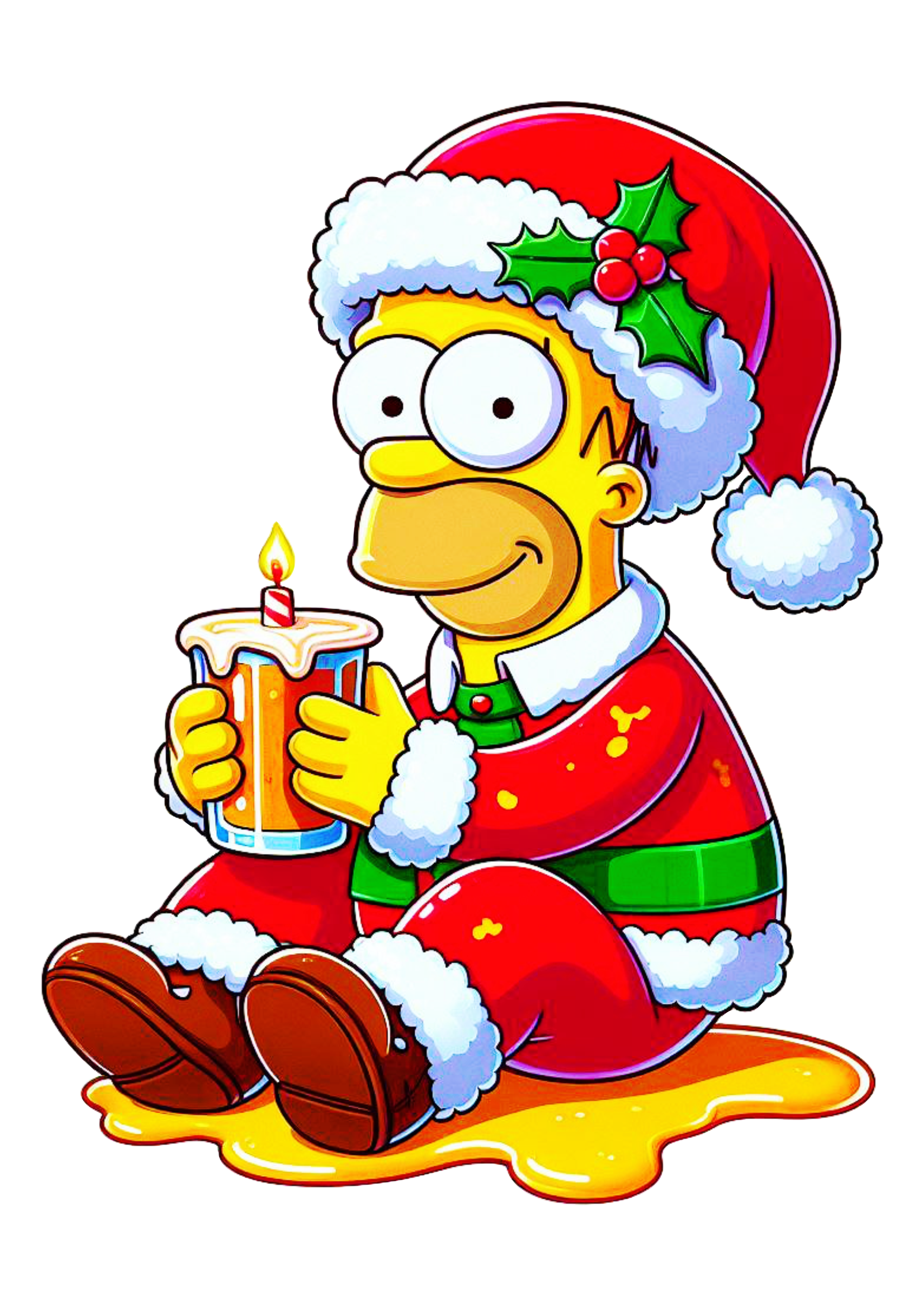 Os simpsons Homer com roupa Papai Noel desenho simples ilustração sentado segurando uma vela de natal png
