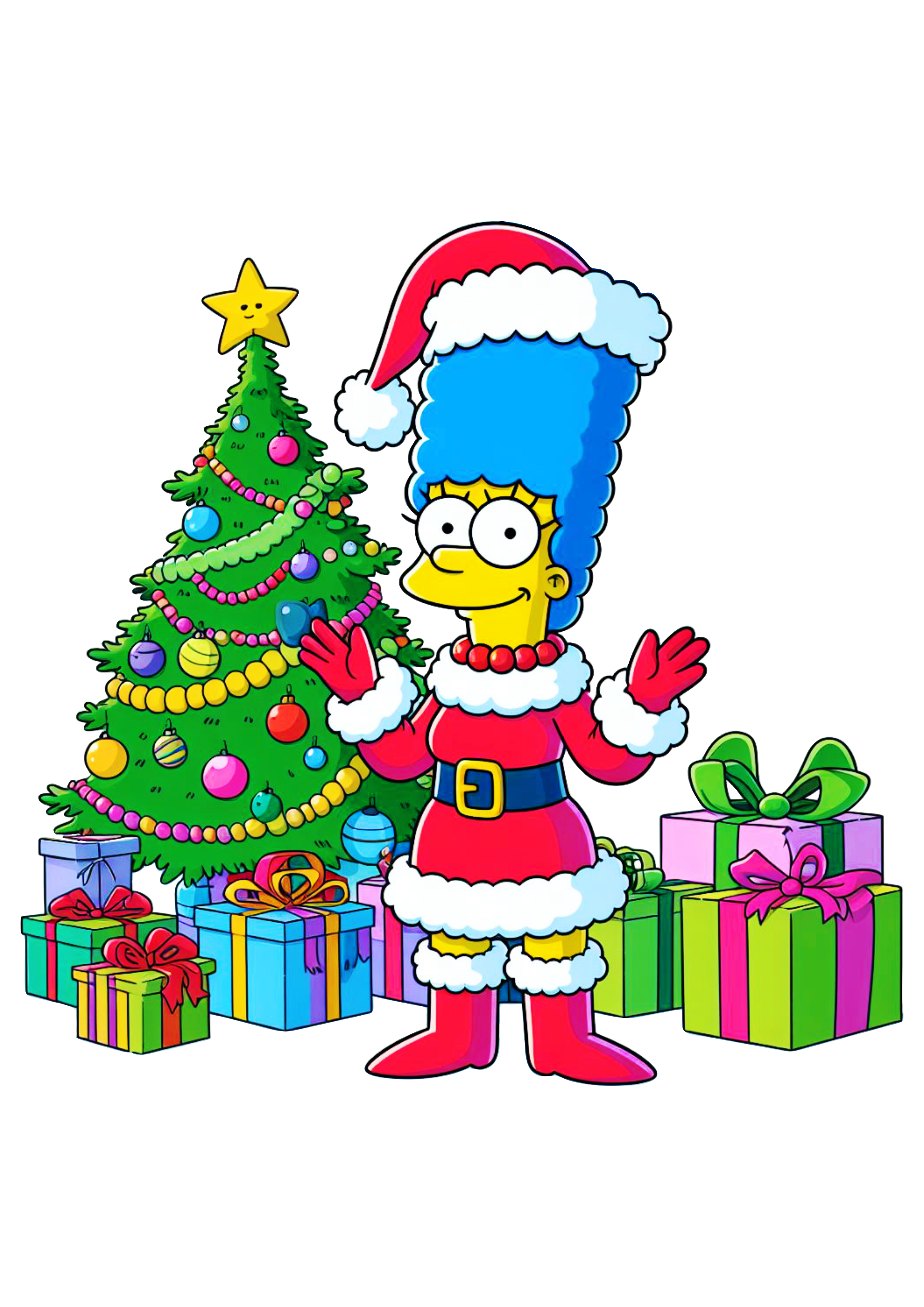 Os simpsons Marge com gorro do Papai Noel decoração de natal desenho fundo transparente árvore de natal e presentes png