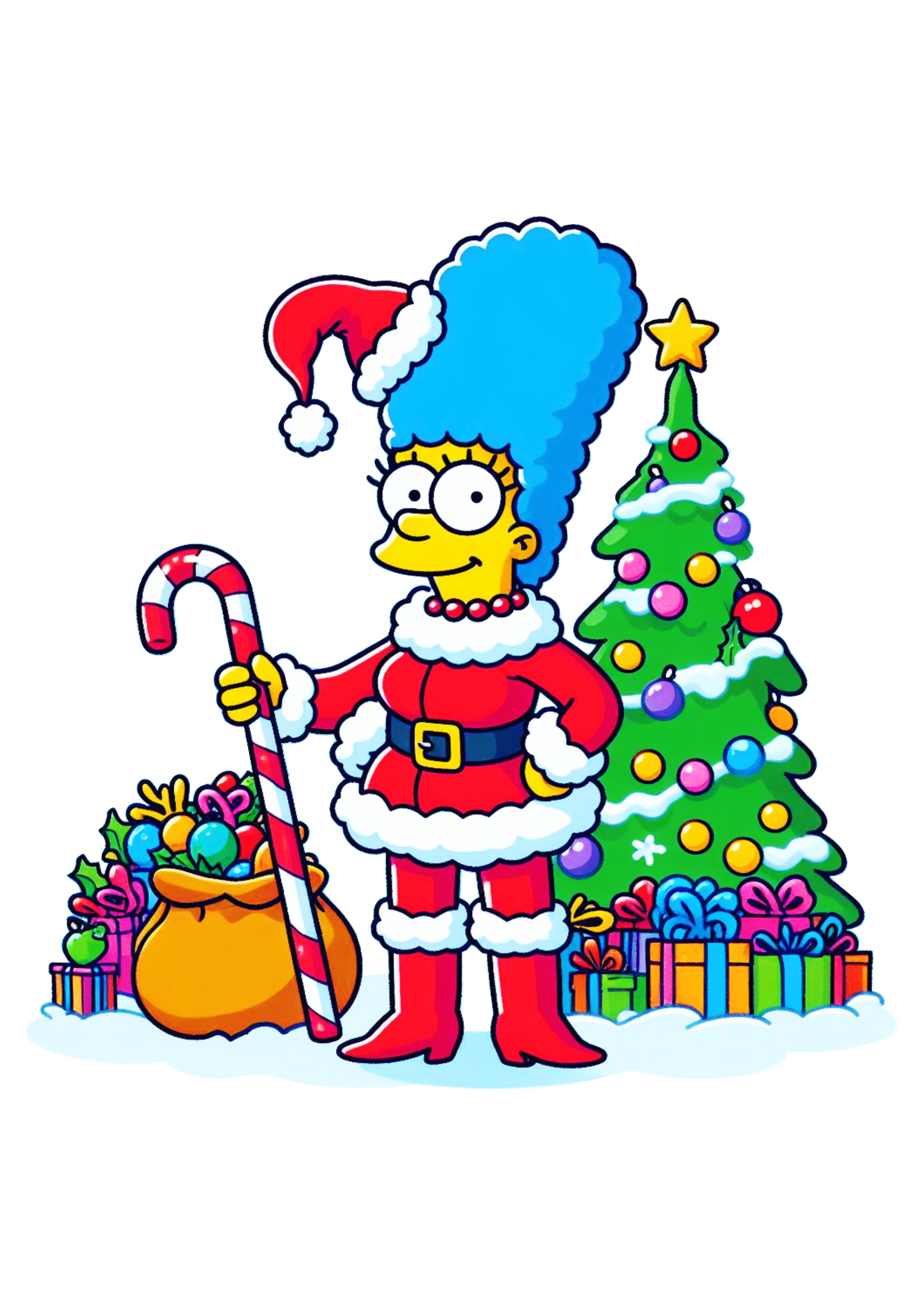 Os simpsons Marge com gorro do Papai Noel decoração de natal desenho infantil fundo transparente árvore de natal e presentes png